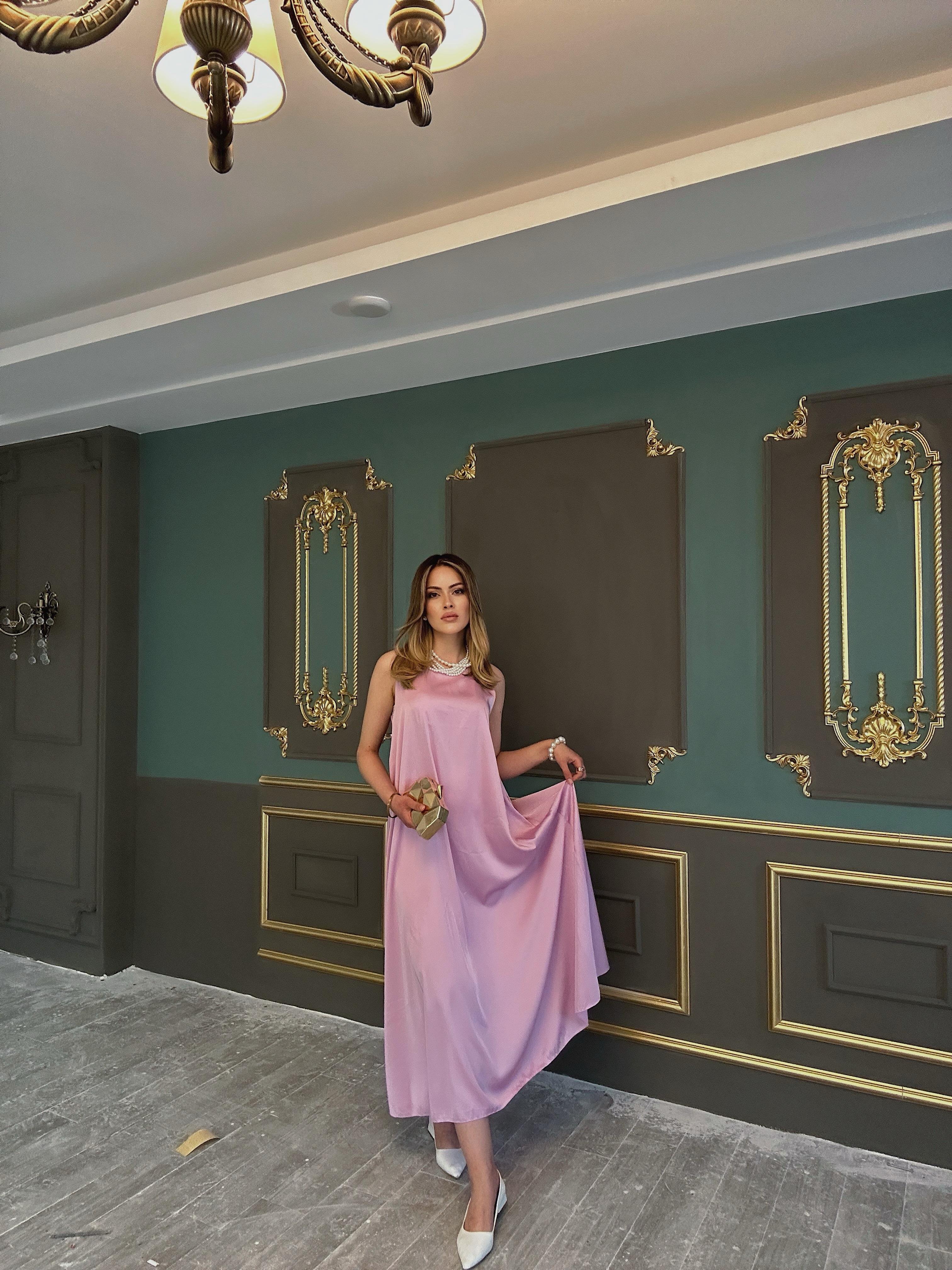 Pembe Pastel A Kesim Saten Maxi Elbise