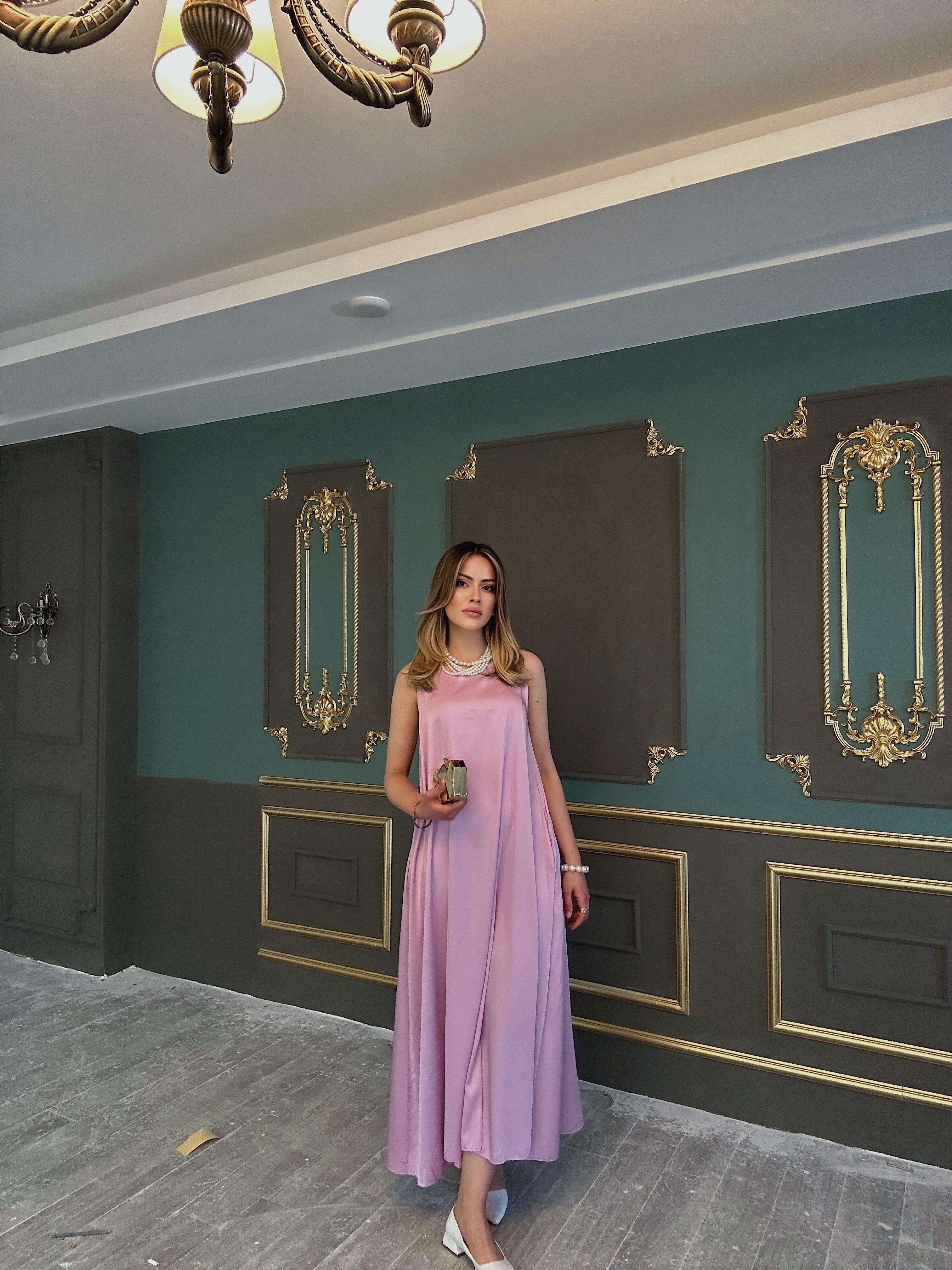 Pembe Pastel A Kesim Saten Maxi Elbise
