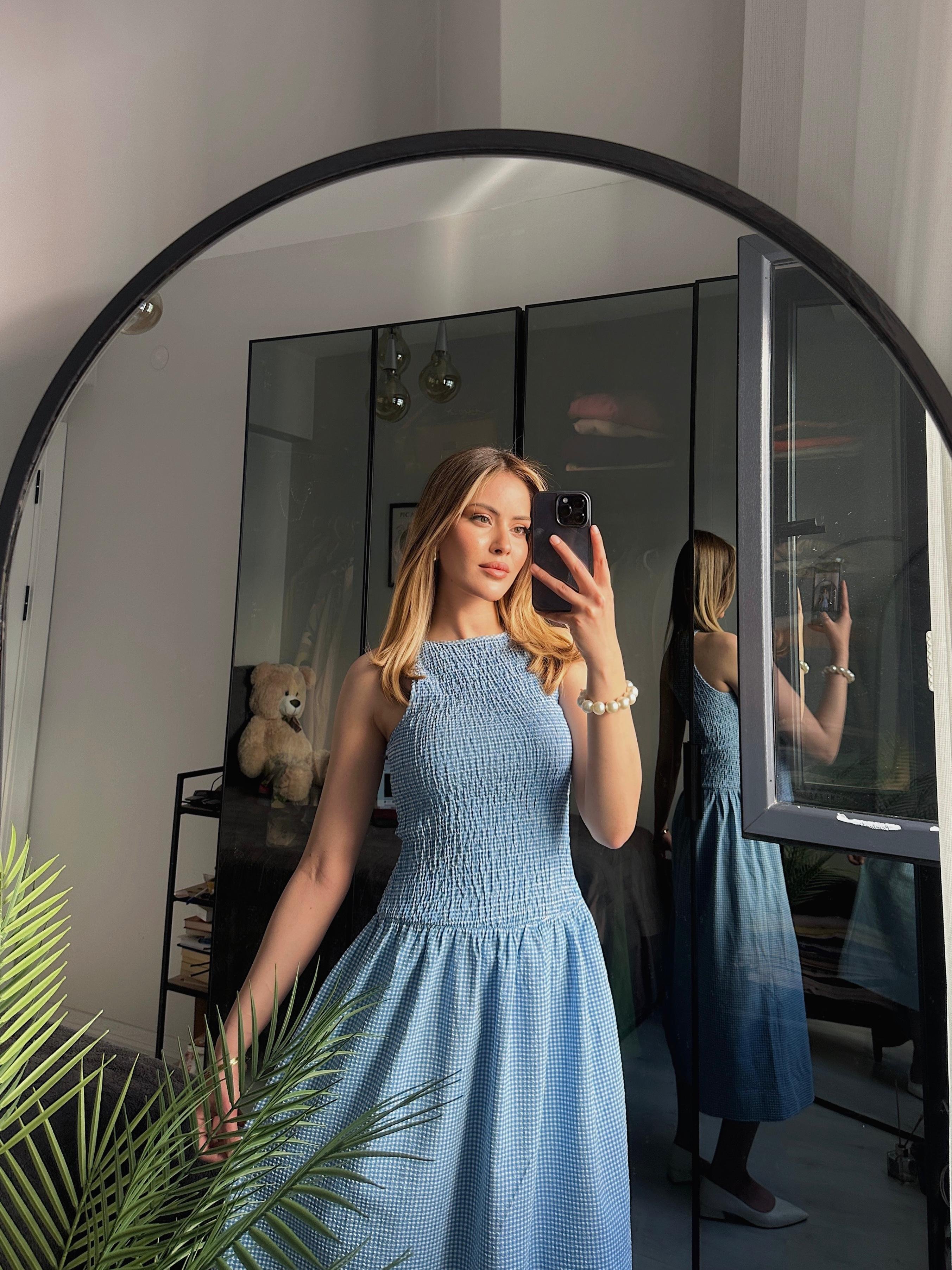 Büzgü Detaylı Bebe Mavi Yazlık Elbise-Bella Gingham 