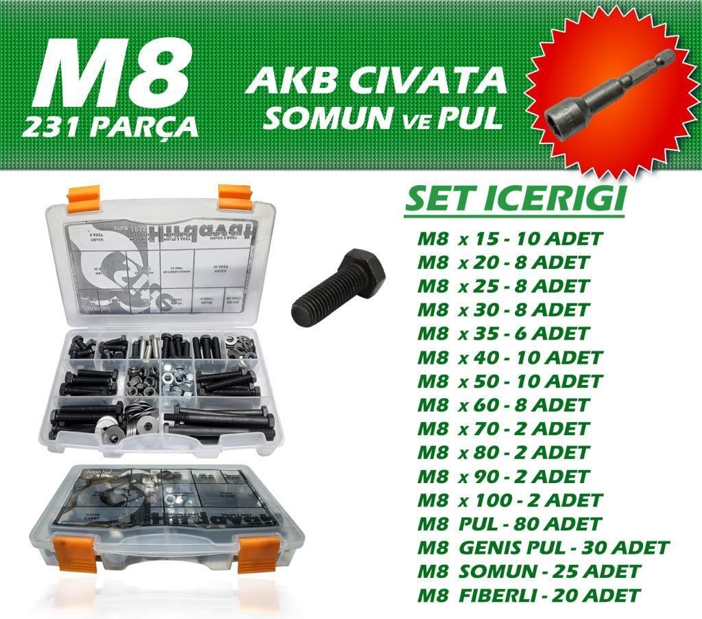 231 Parça M8 AKB Cıvata Seti + 13 Somun Adaptörü