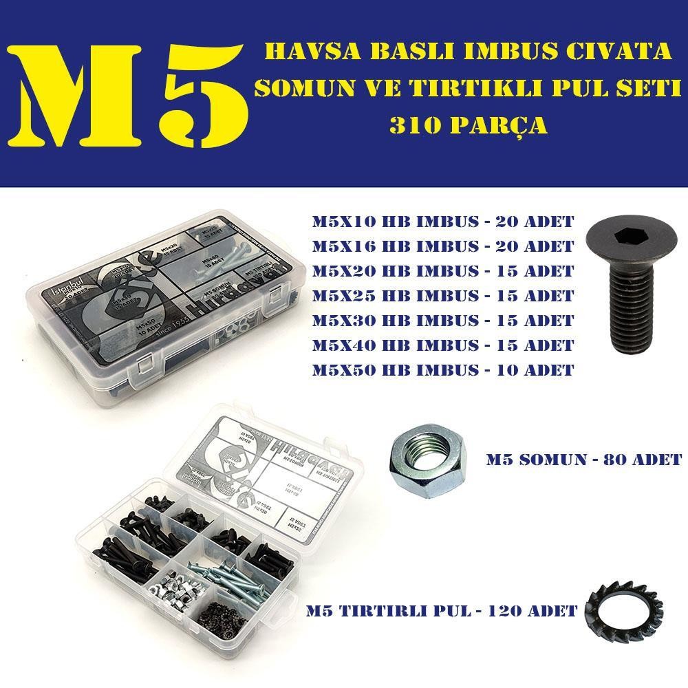 310 Parça M5 Havşa Baş İmbus Cıvata Somun ve Pul Seti