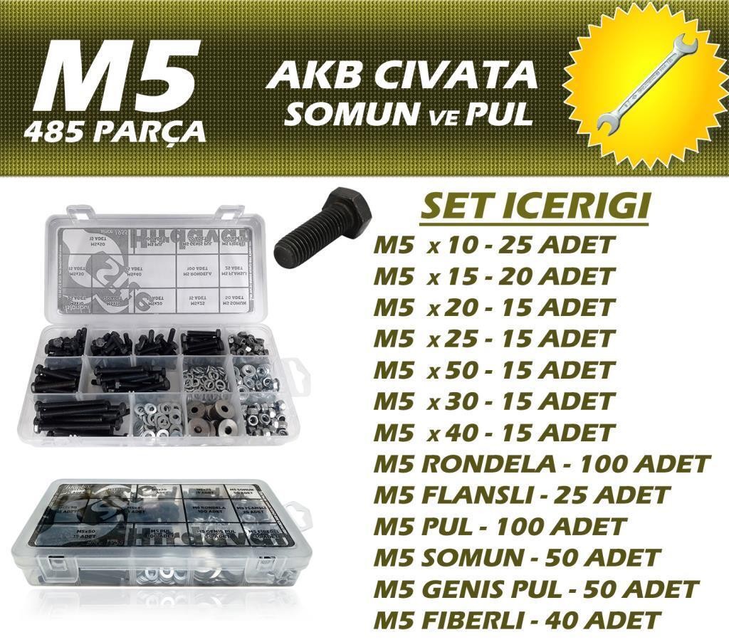 485 Parça M5 AKB Cıvata + 8-10 Açık Ağızlı Anahtar