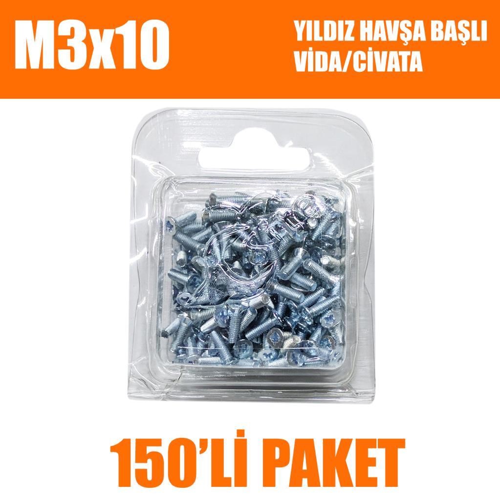 M3x10 Yıldız Havşa Başlı Vida/Civata 150 Adet