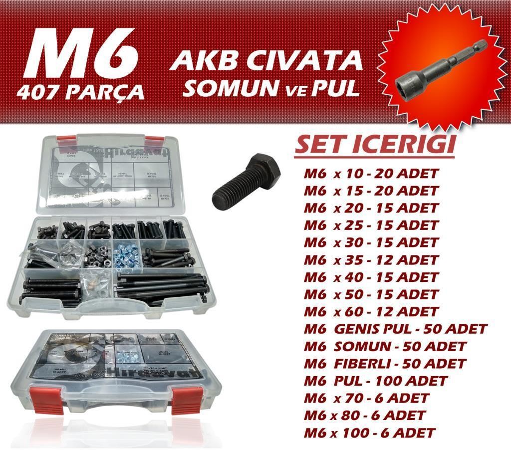 407 Parça M6 AKB Cıvata Seti + 8 Somun Adaptörü