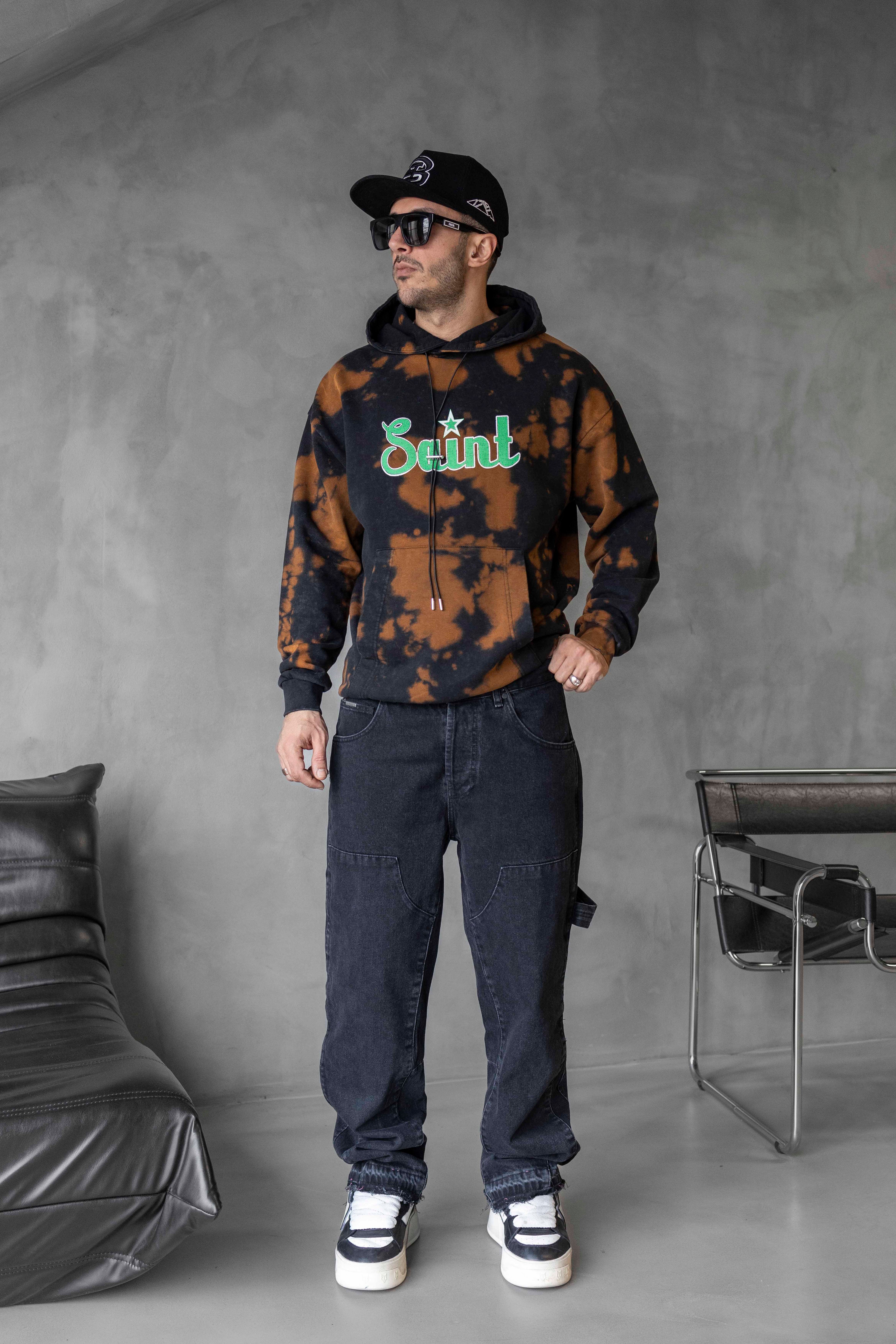 Saint Yazılı Batik Desen Kapüşonlu Sweatshirt - SİYAH