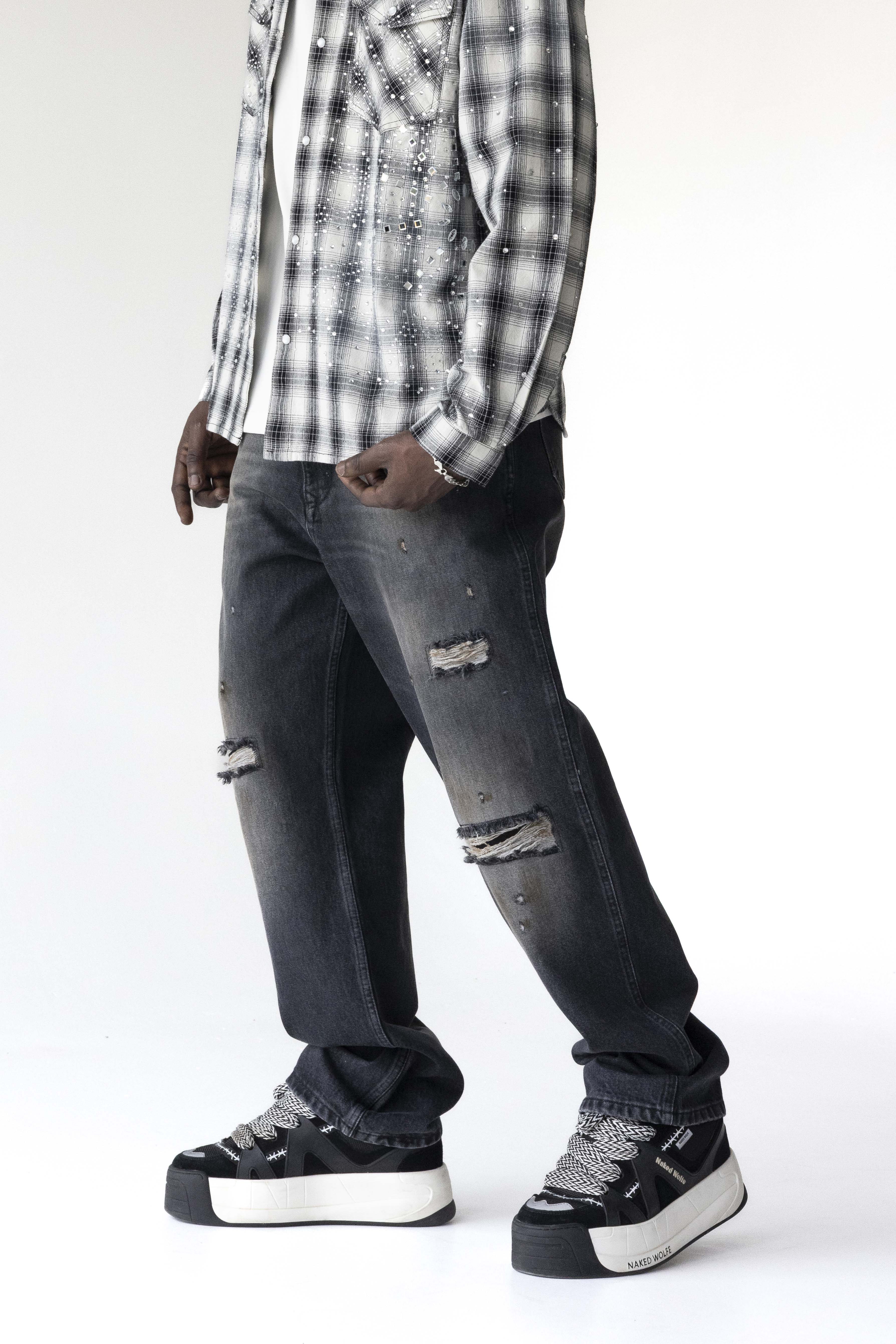 Distressed Black Washed Loose Fit Jeans