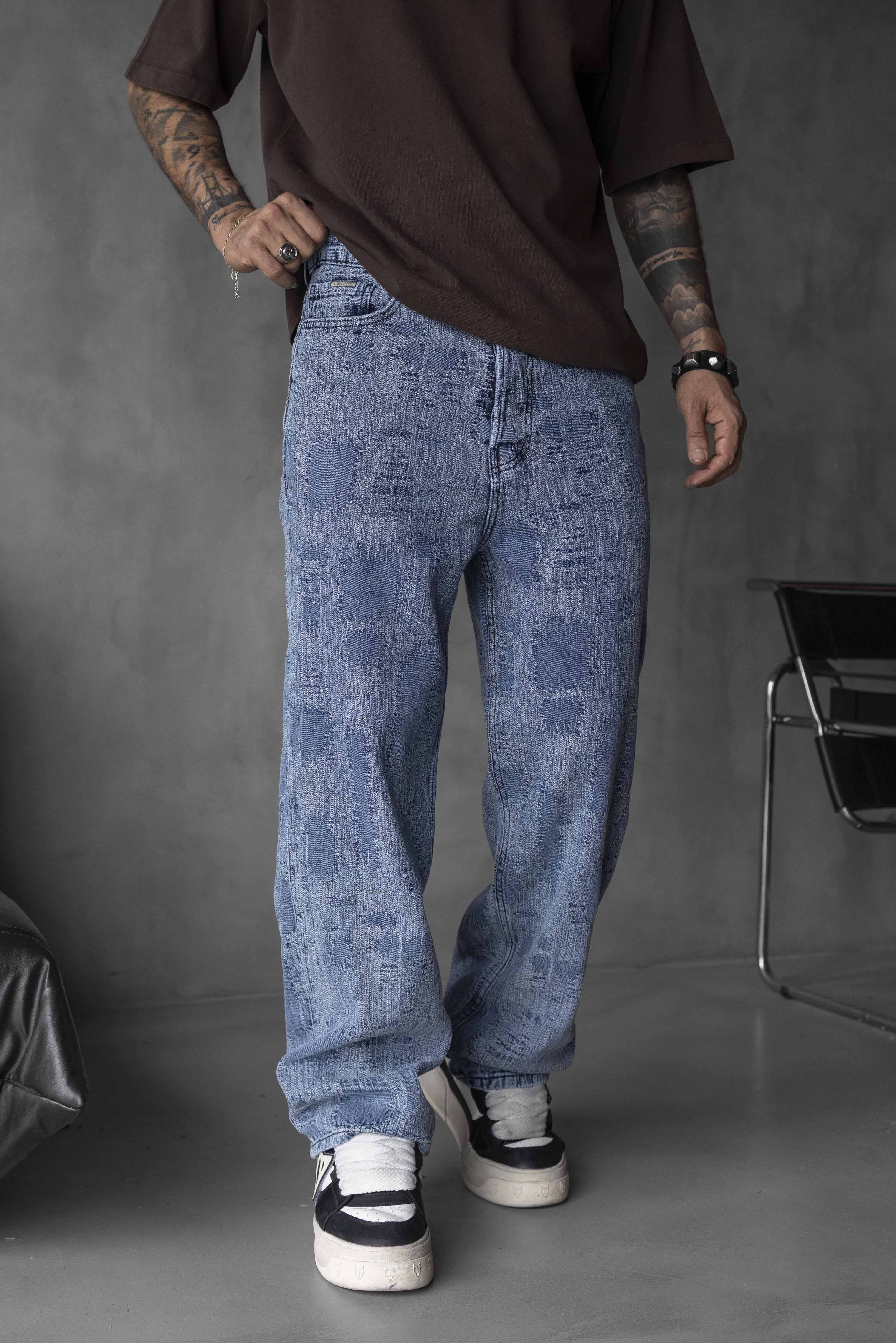 Blue Distressed Texture Denim Pants