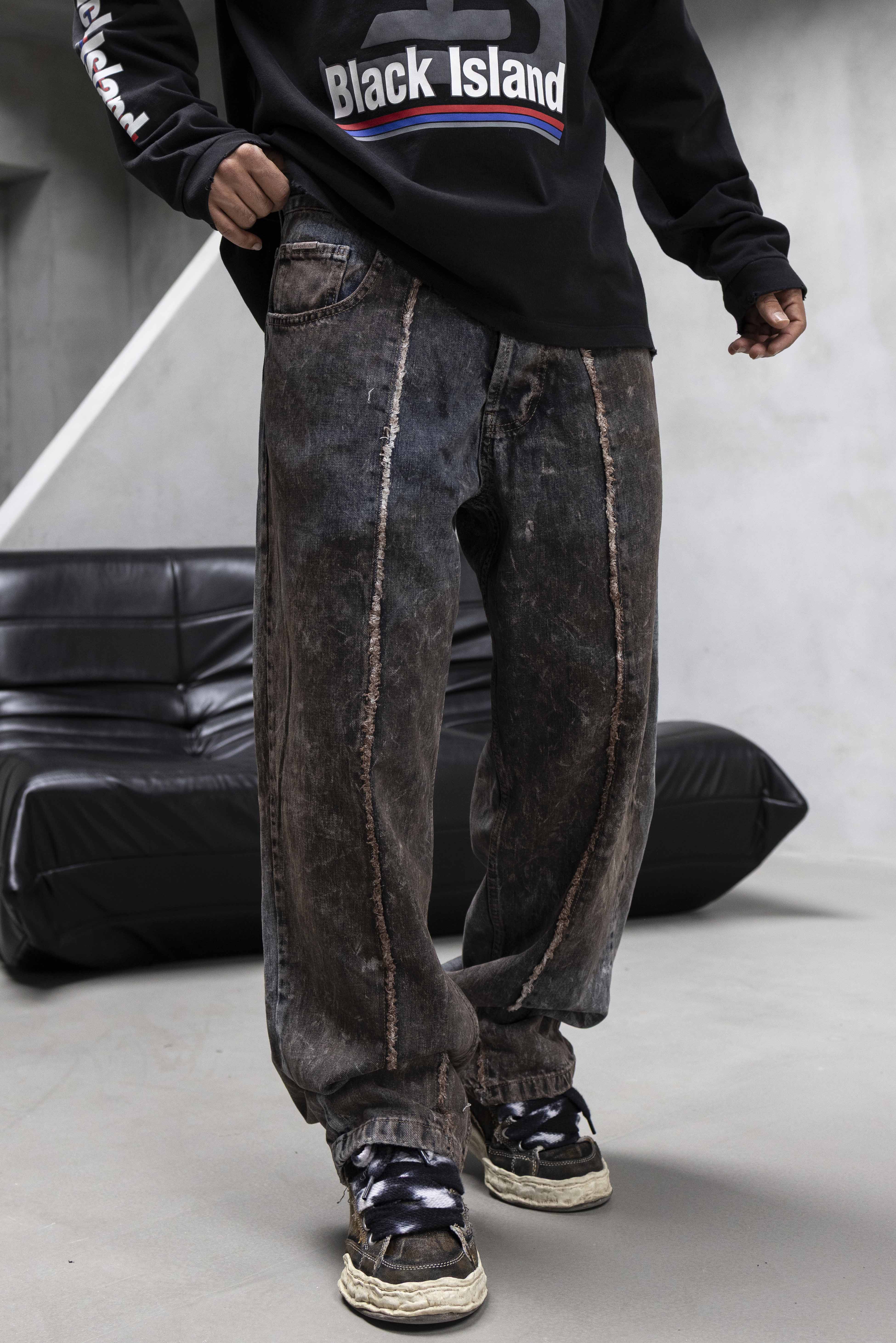 Brown Raw Edge Seam Denim Pants