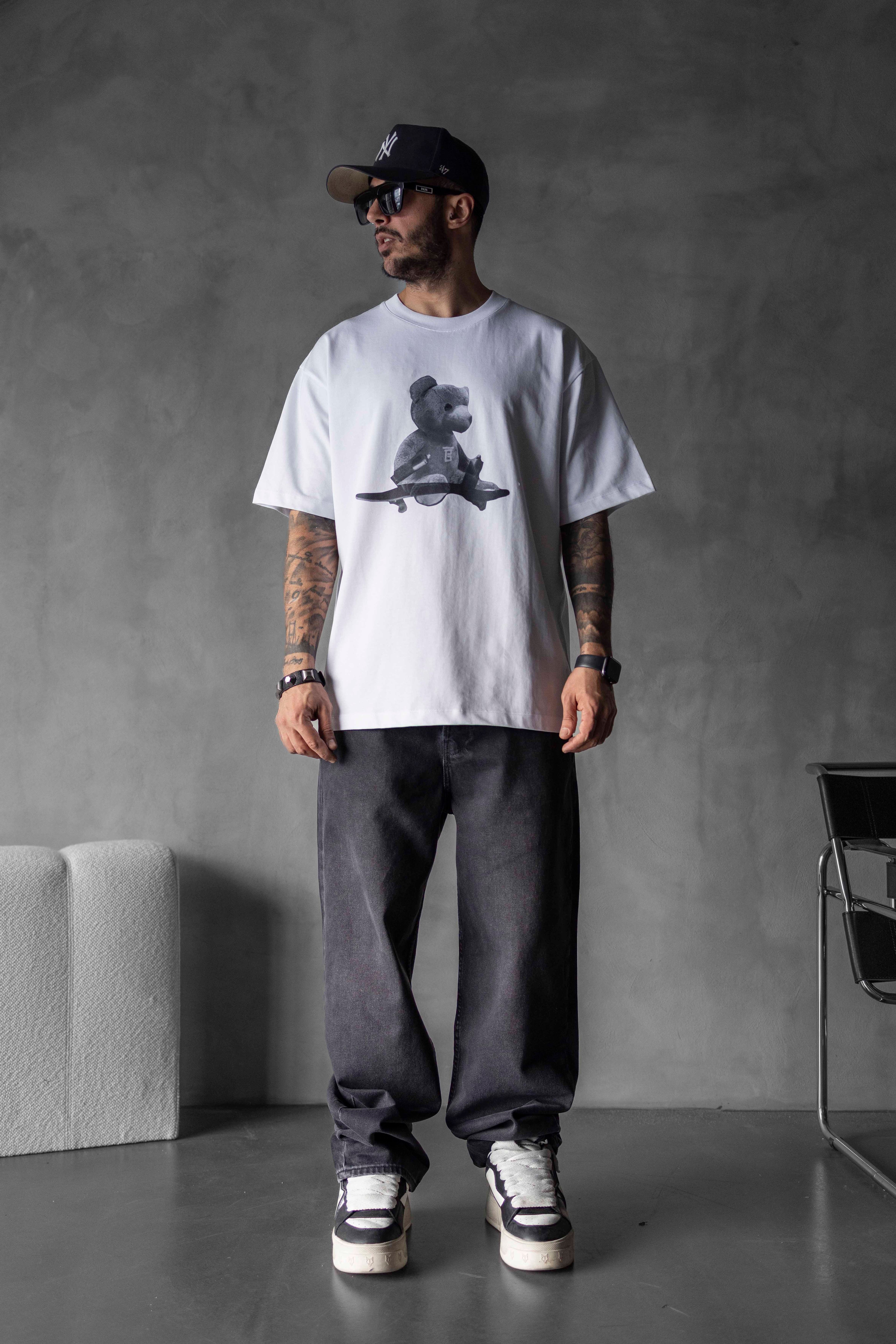 Teddy Plane Baskılı Oversize Tişört - BEYAZ
