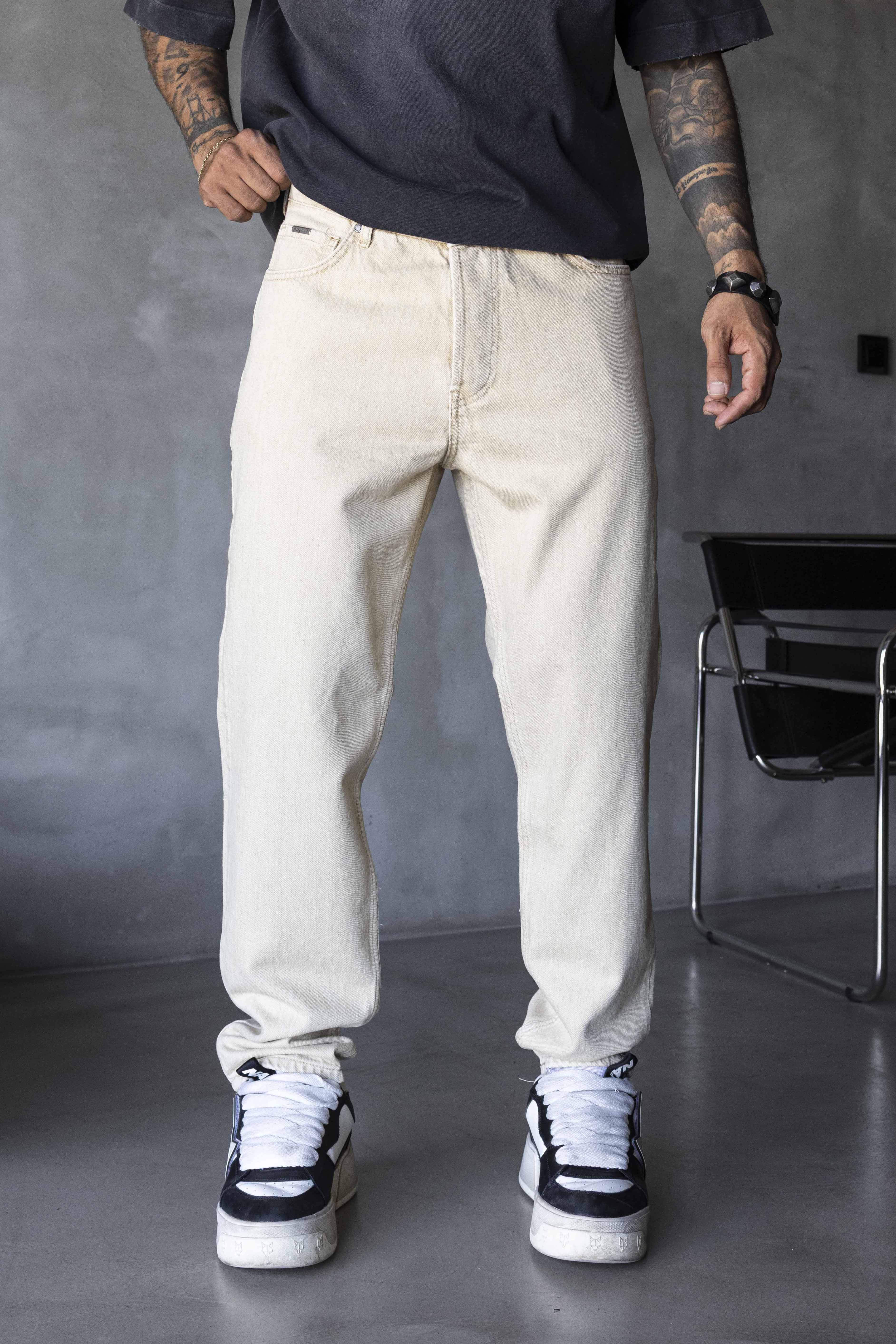 Beige Straight Fit Denim Pants