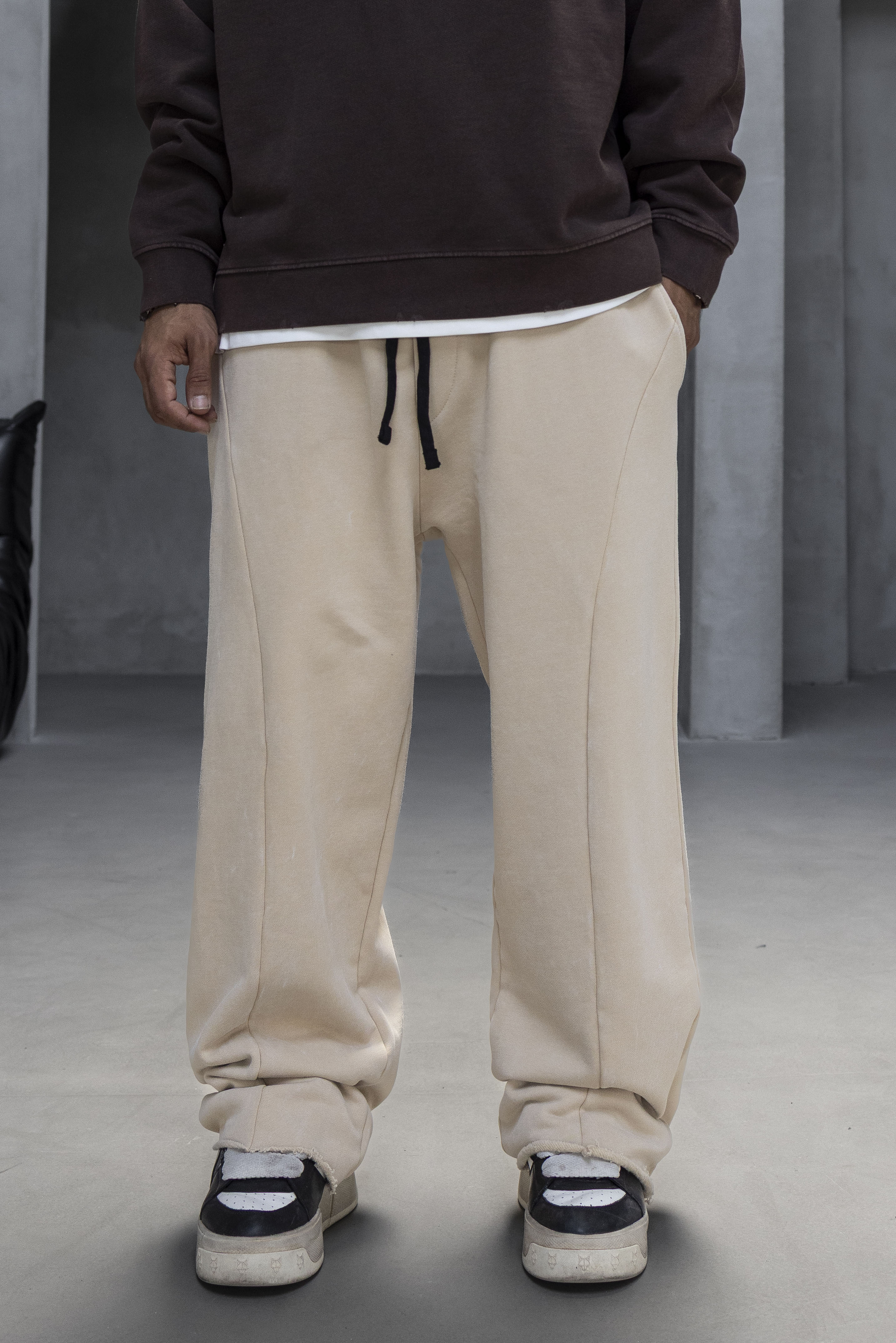 Beige Drop Crotch Wide Leg Jogger Pants