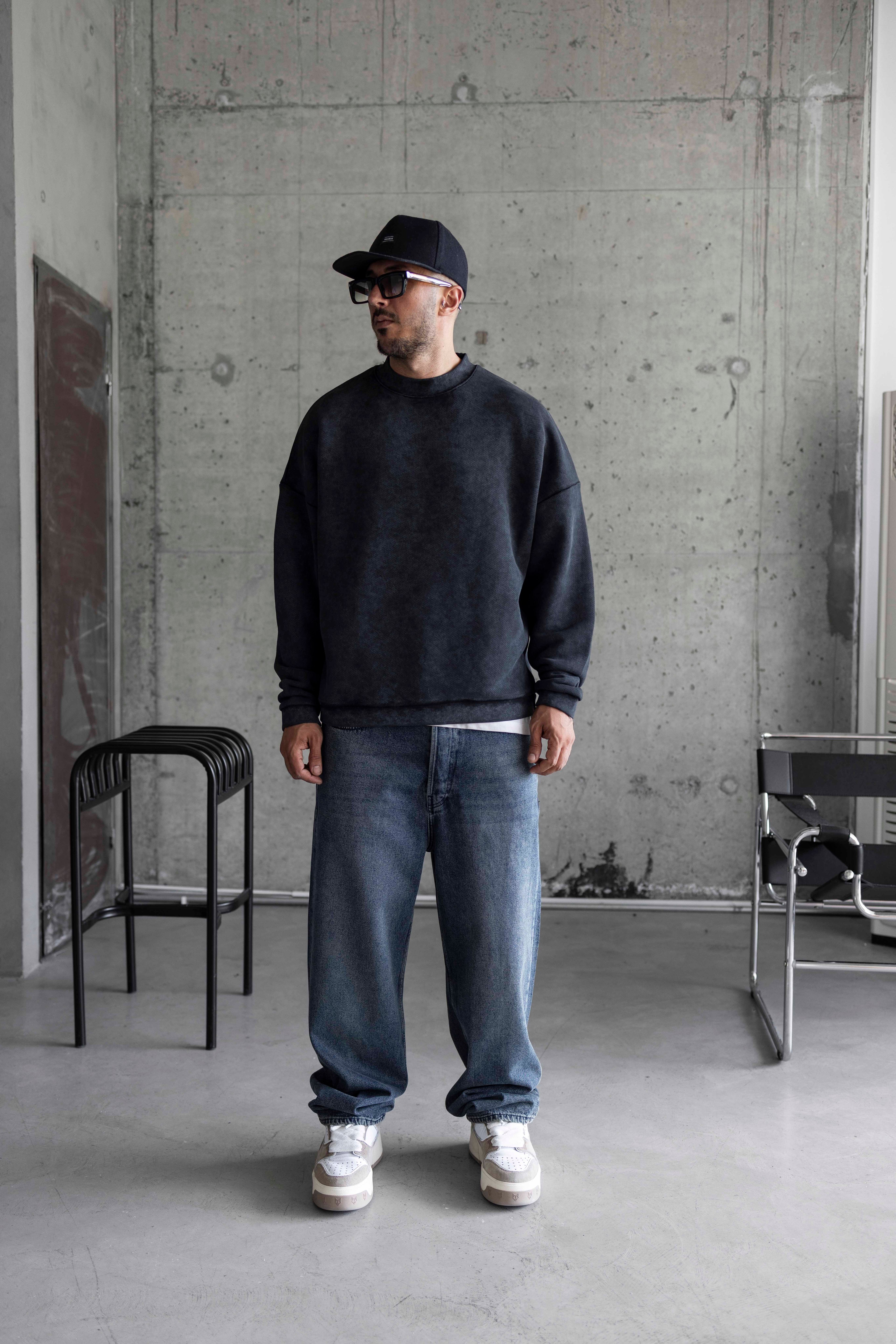 Yıkamalı Oversize Basic Sweatshirt - YIKAMALI SIYAH
