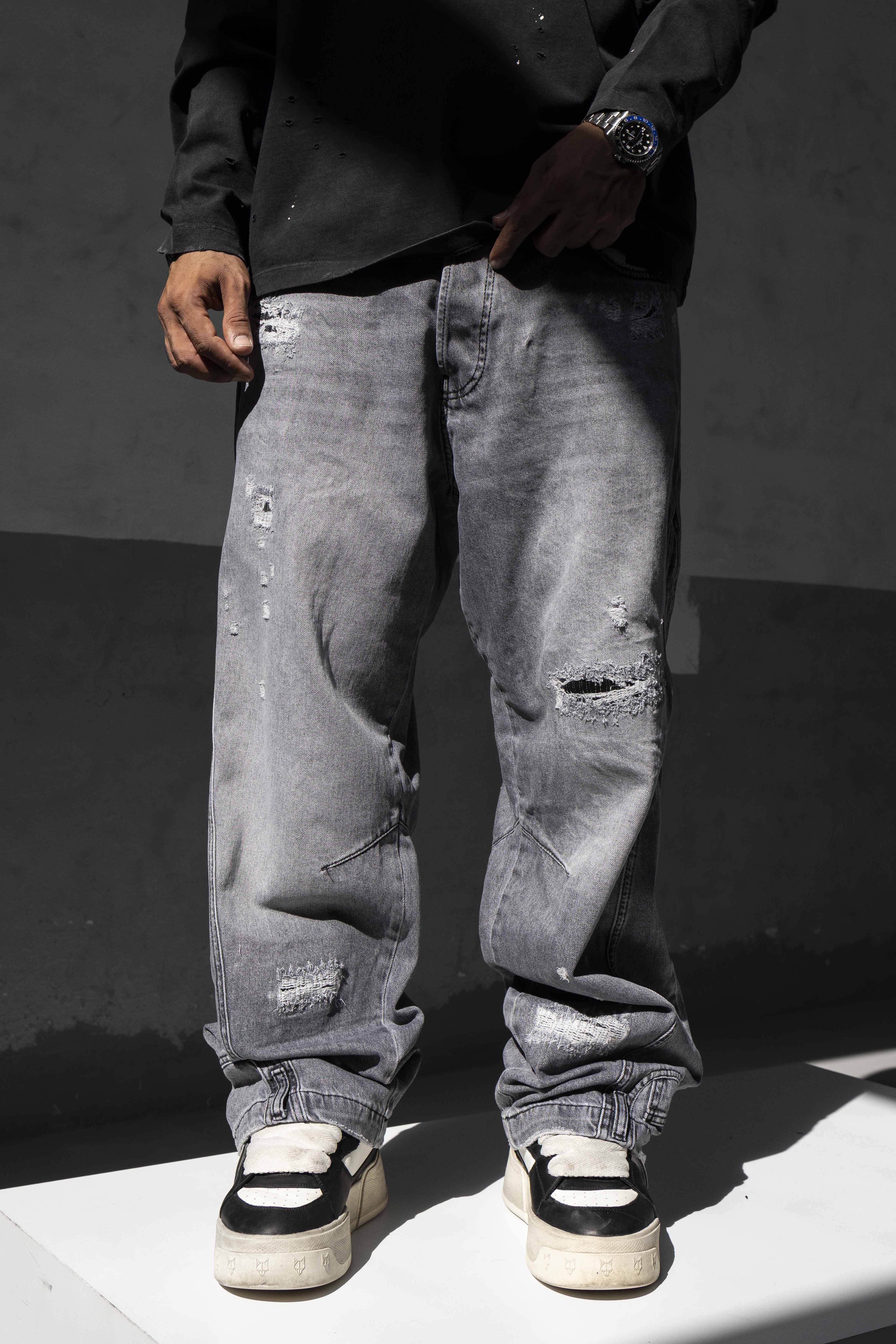 Grey Destroyed Relaxed Fit Denim Pants
