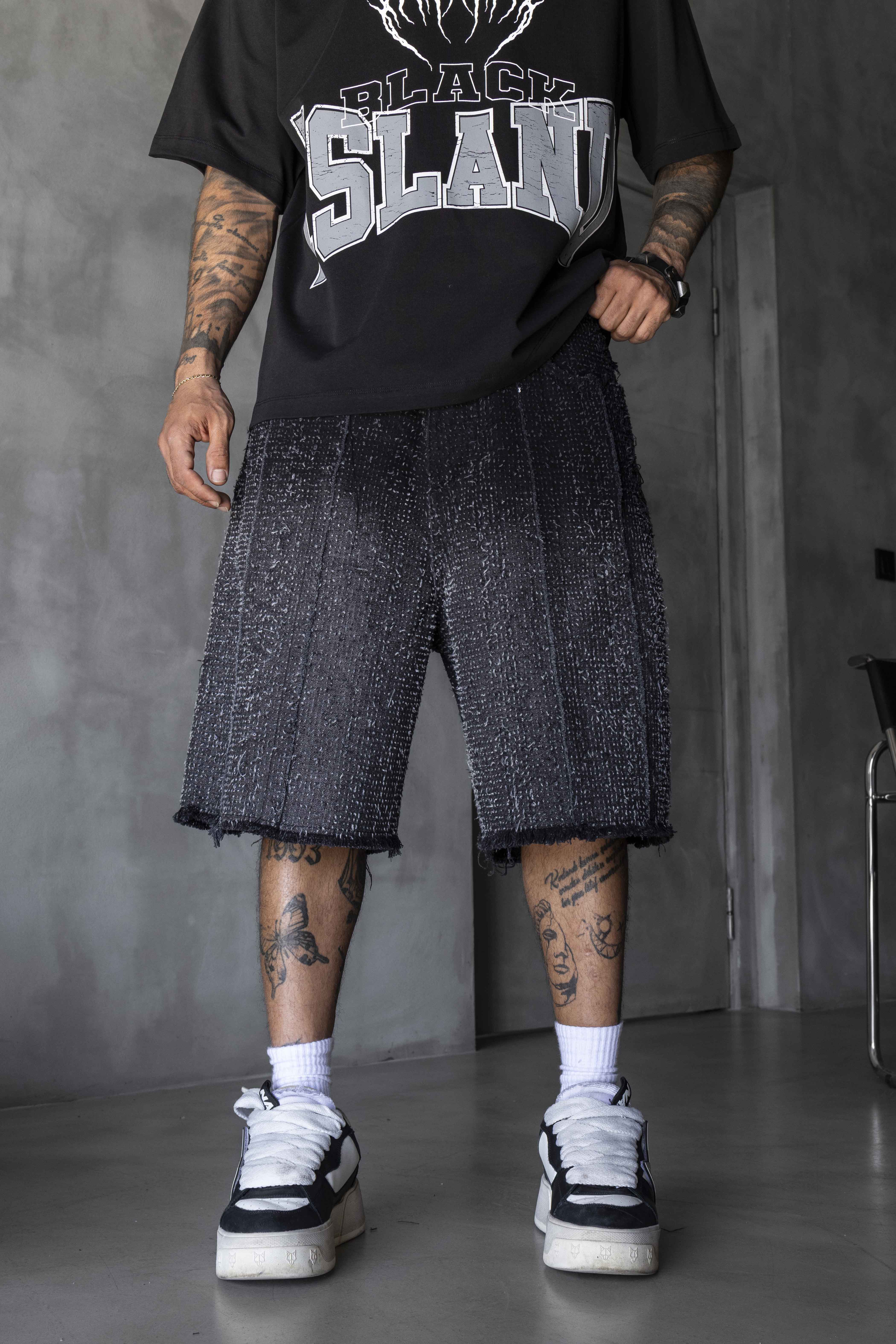 Black Textured Wide-Leg Denim Shorts