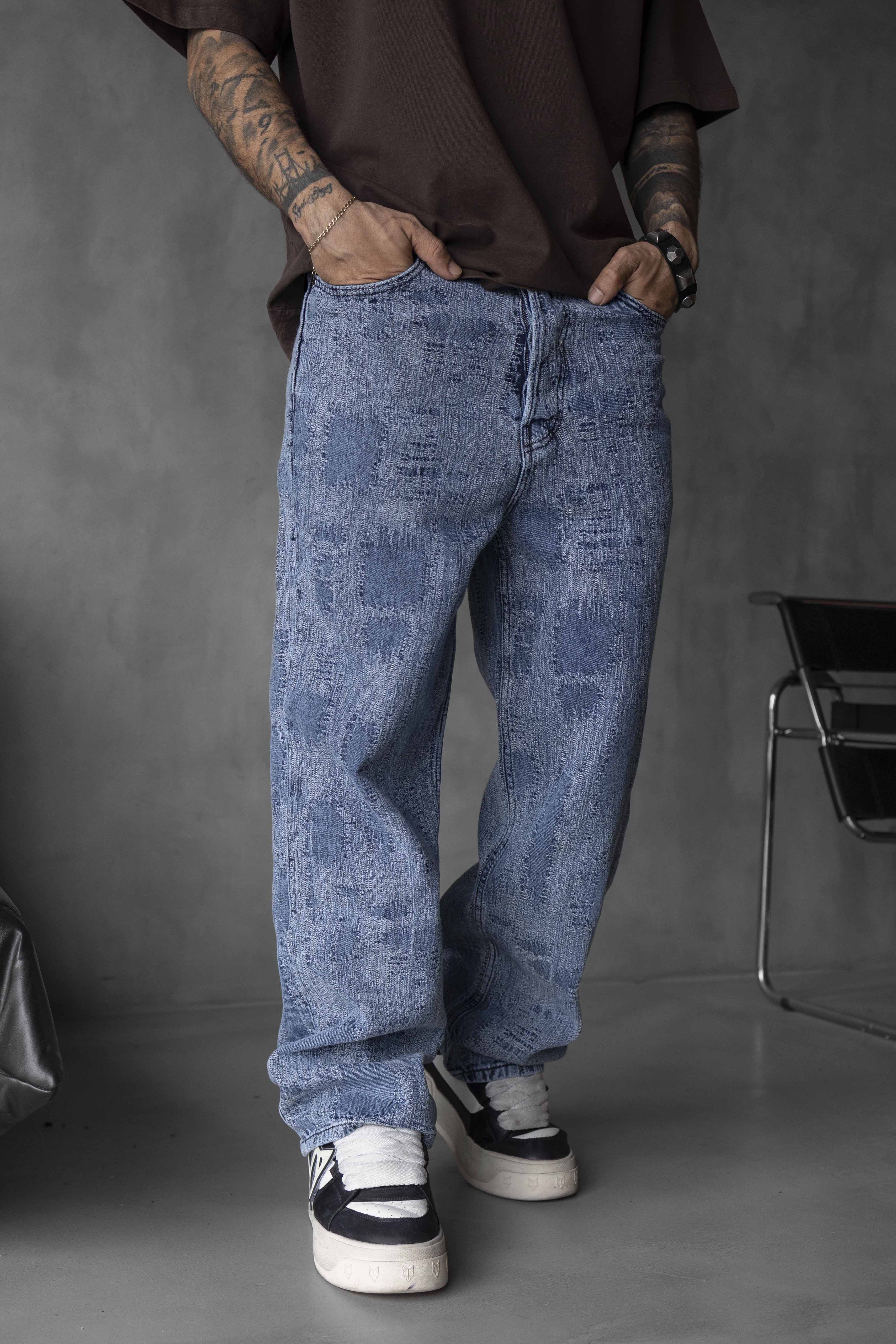 Blue Distressed Texture Denim Pants