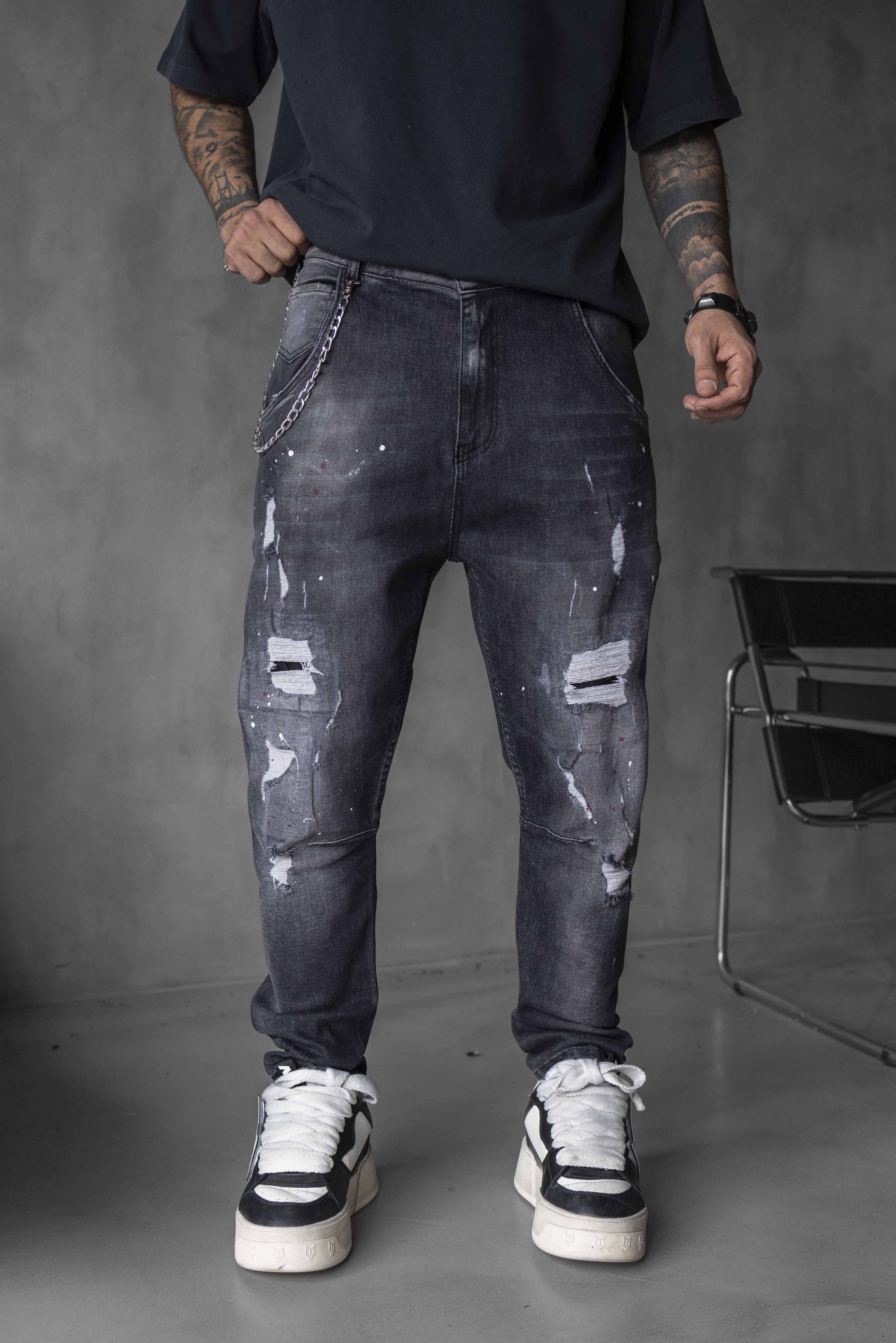 Slim Fit Washed Black Paint Splatter Ripped Jeans