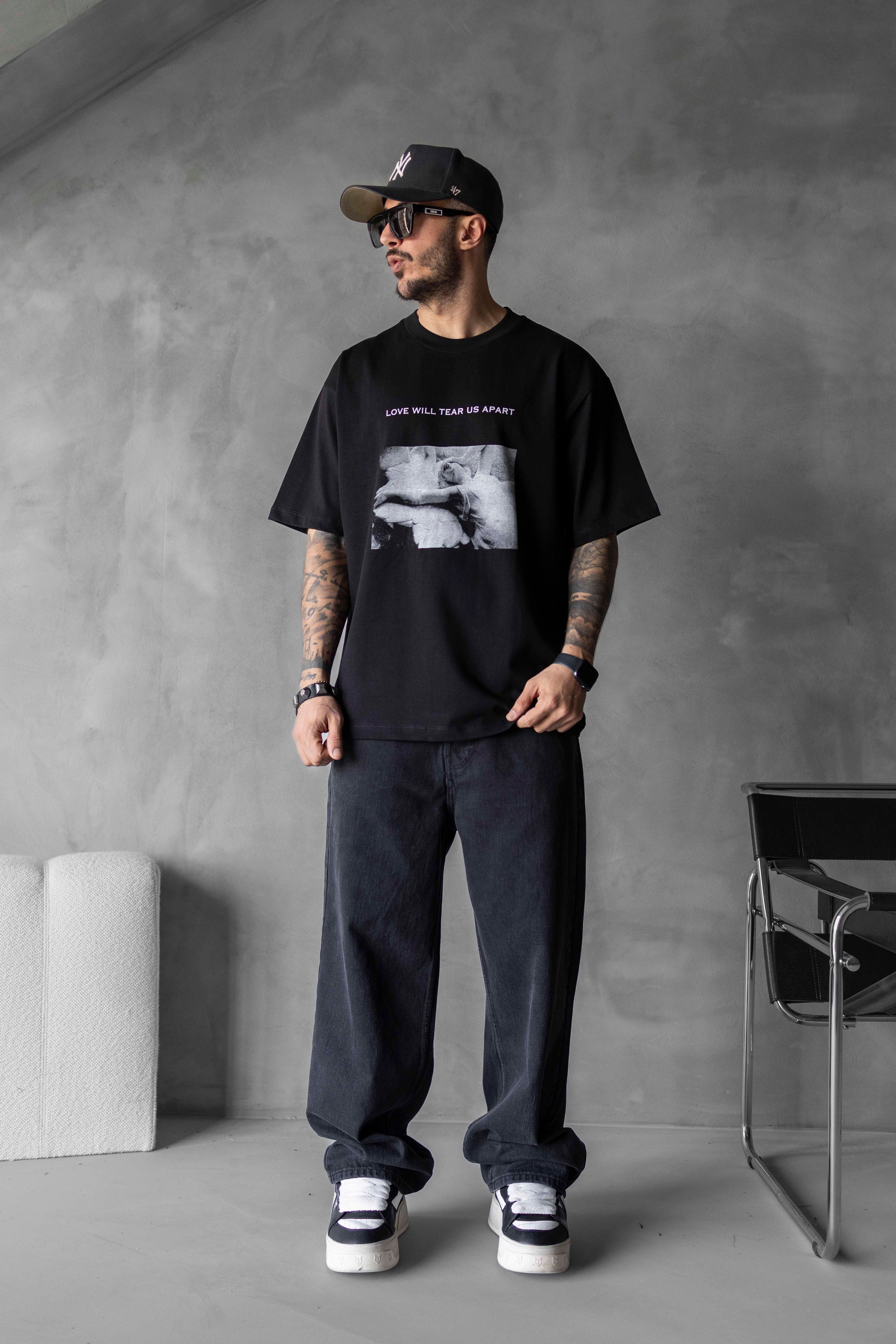 Baskılı Oversize Tişört - SİYAH
