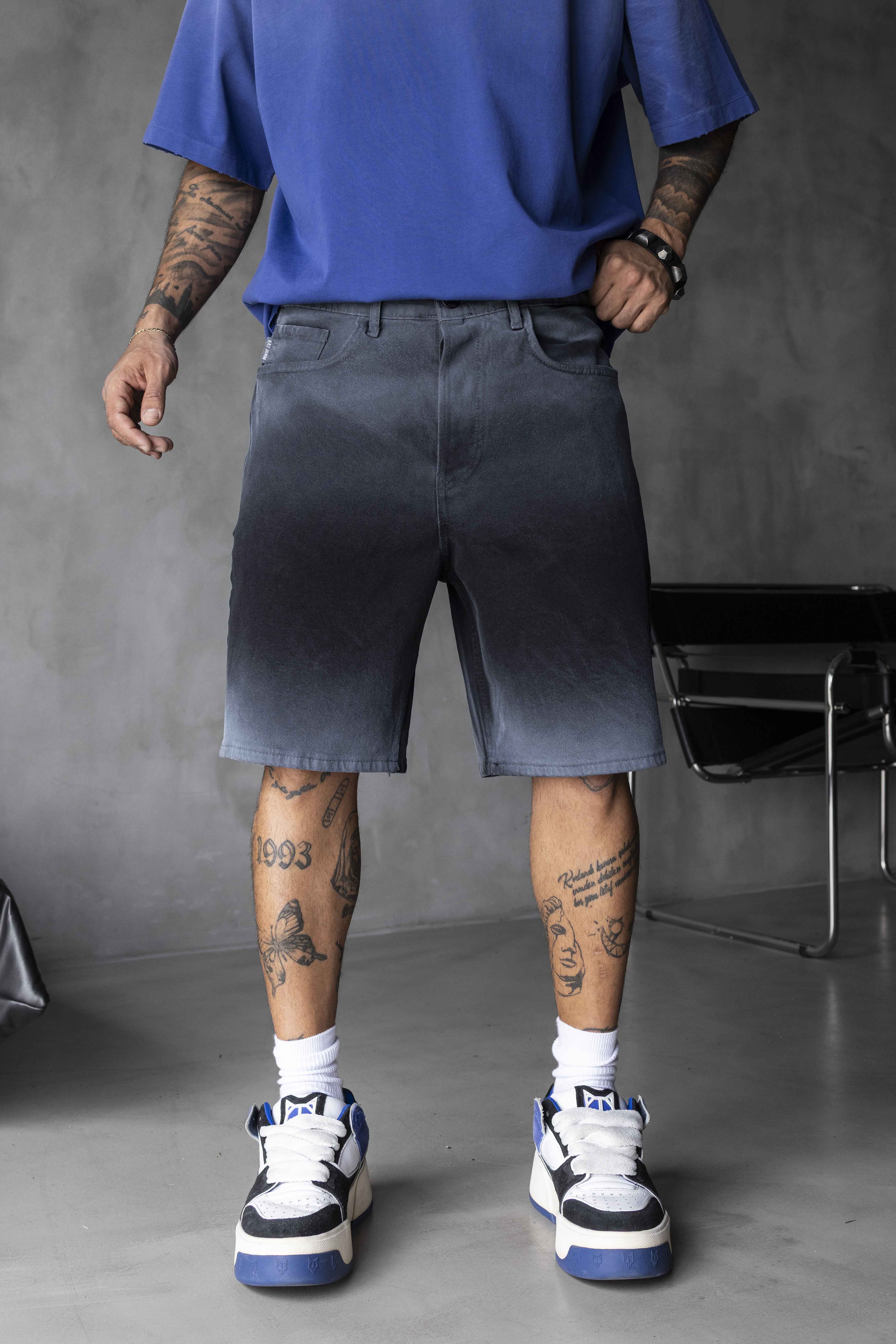 Blue–Charcoal Gradient Washed Denim Shorts