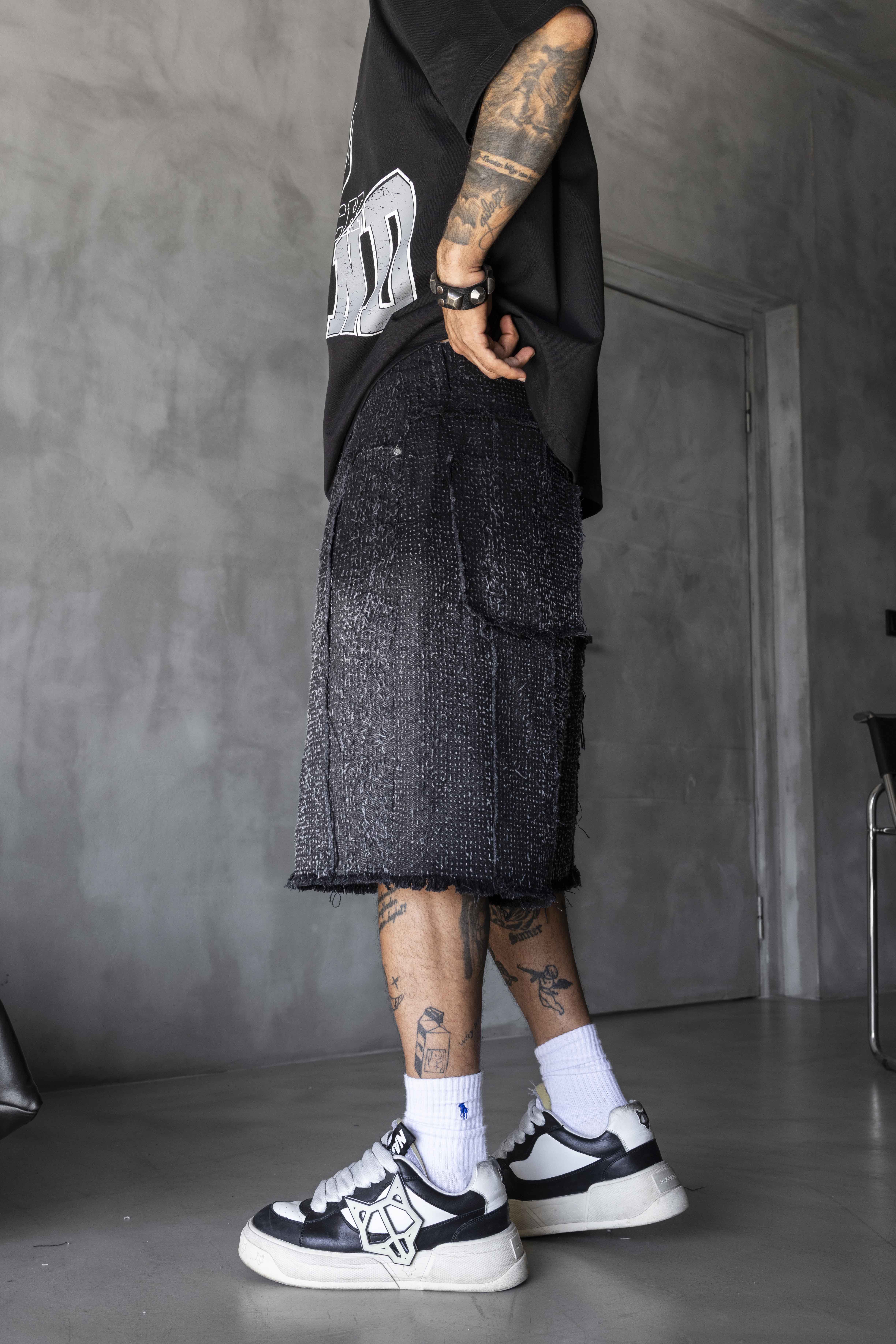 Black Textured Wide-Leg Denim Shorts