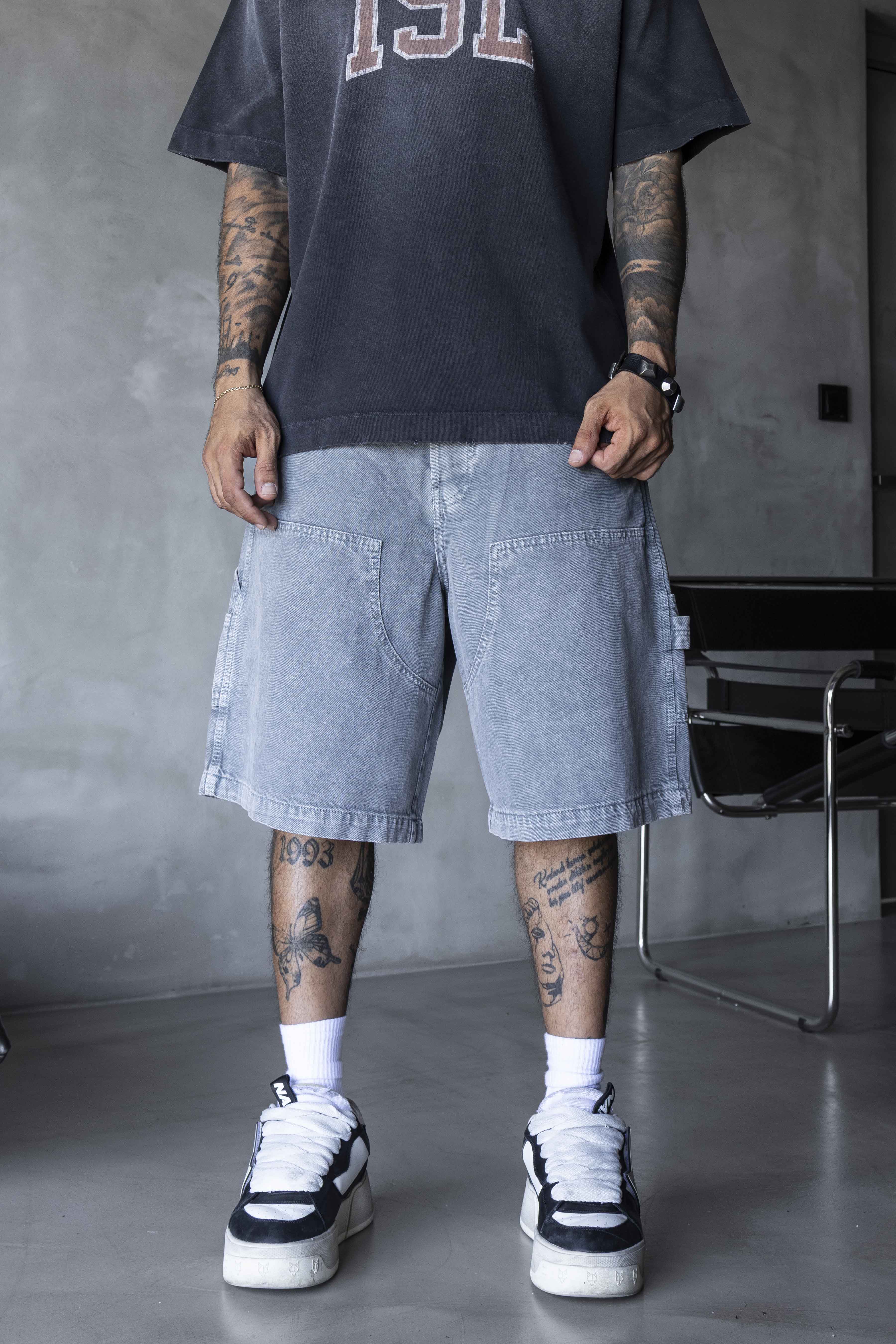 Light Washed Grey Oversized Workwear Shorts
