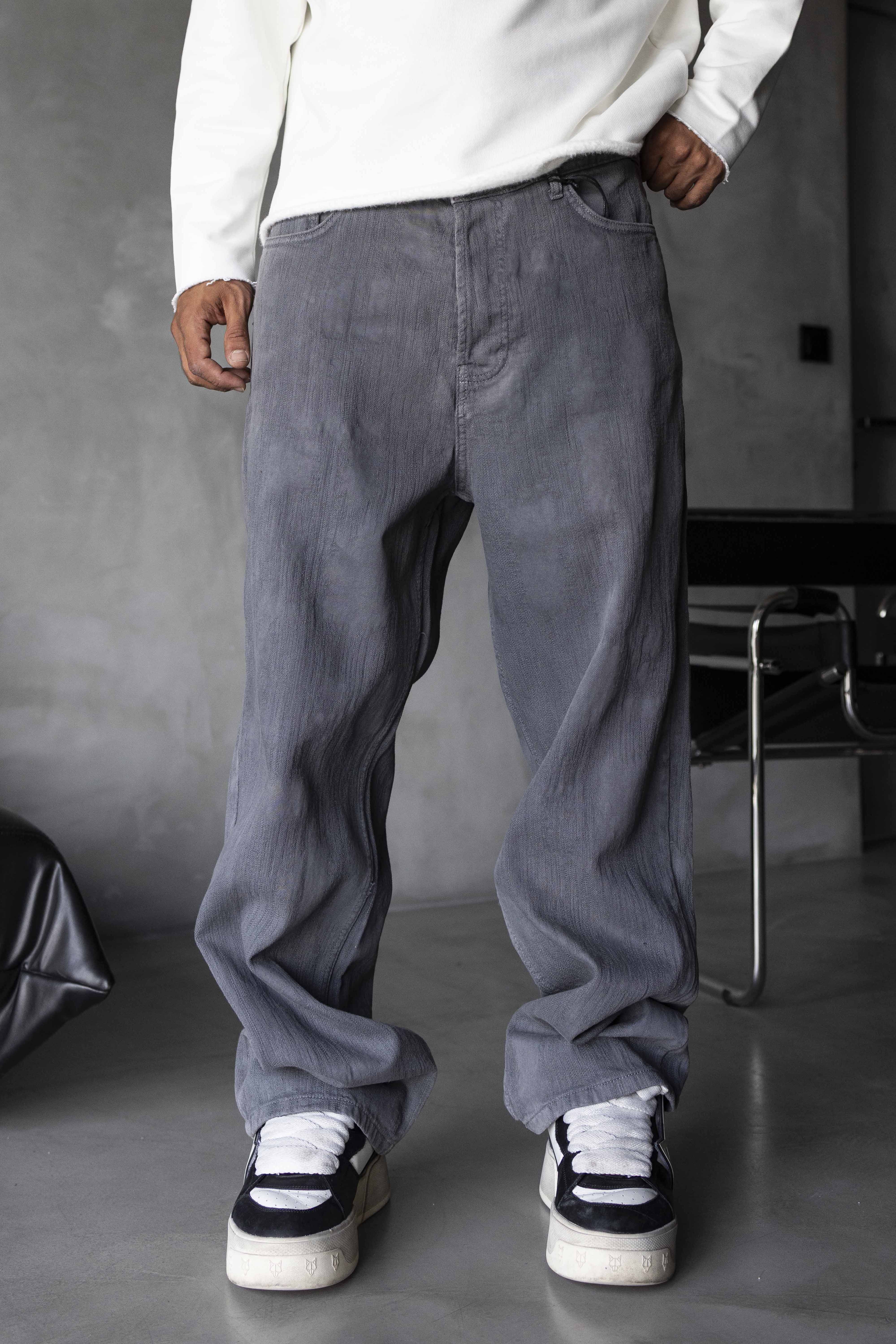 Grey Textured Relaxed Denim Pants