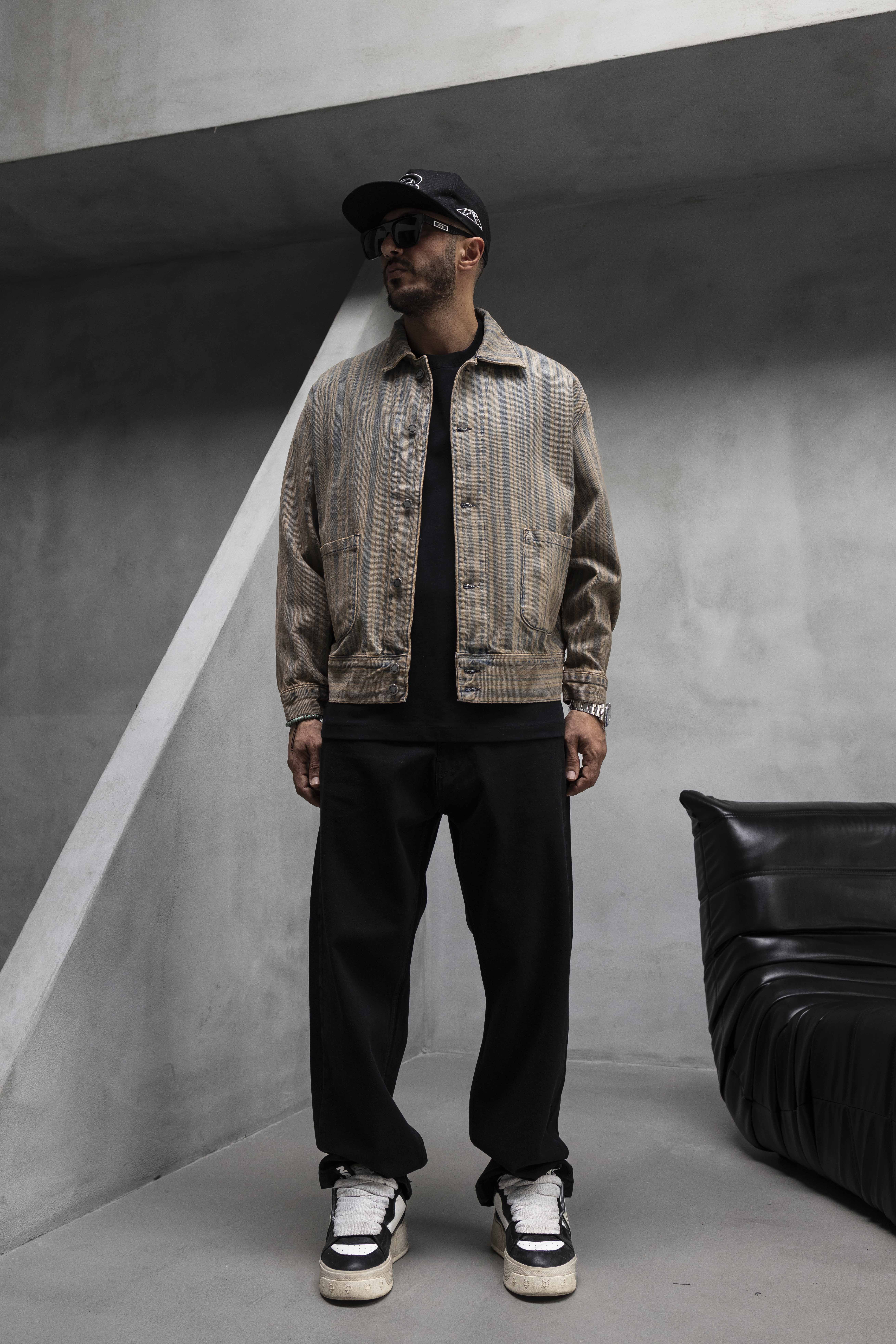 Beige & Blue Striped Denim Jacket