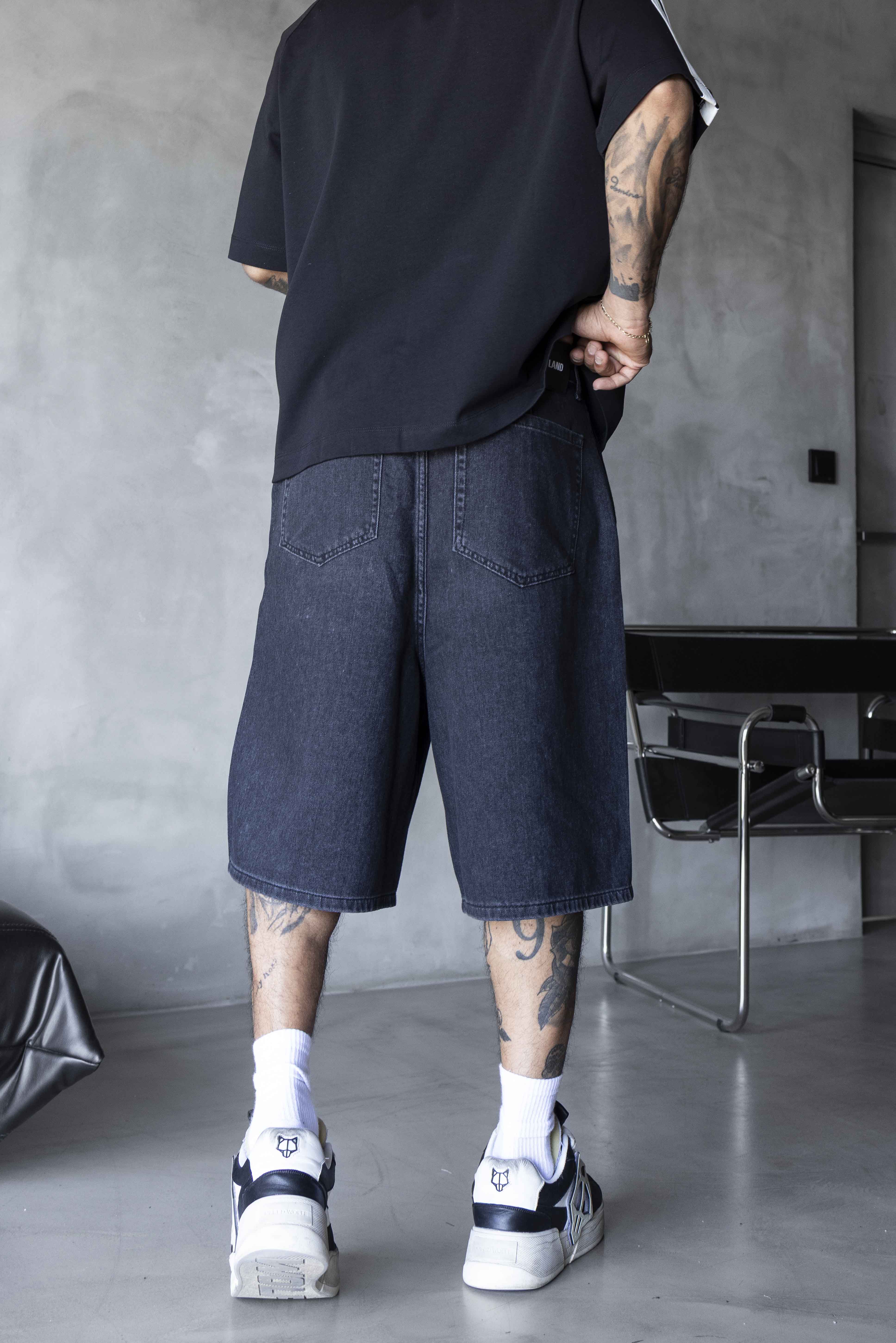 Navy Wide-Leg Pleated Relaxed Denim Shorts