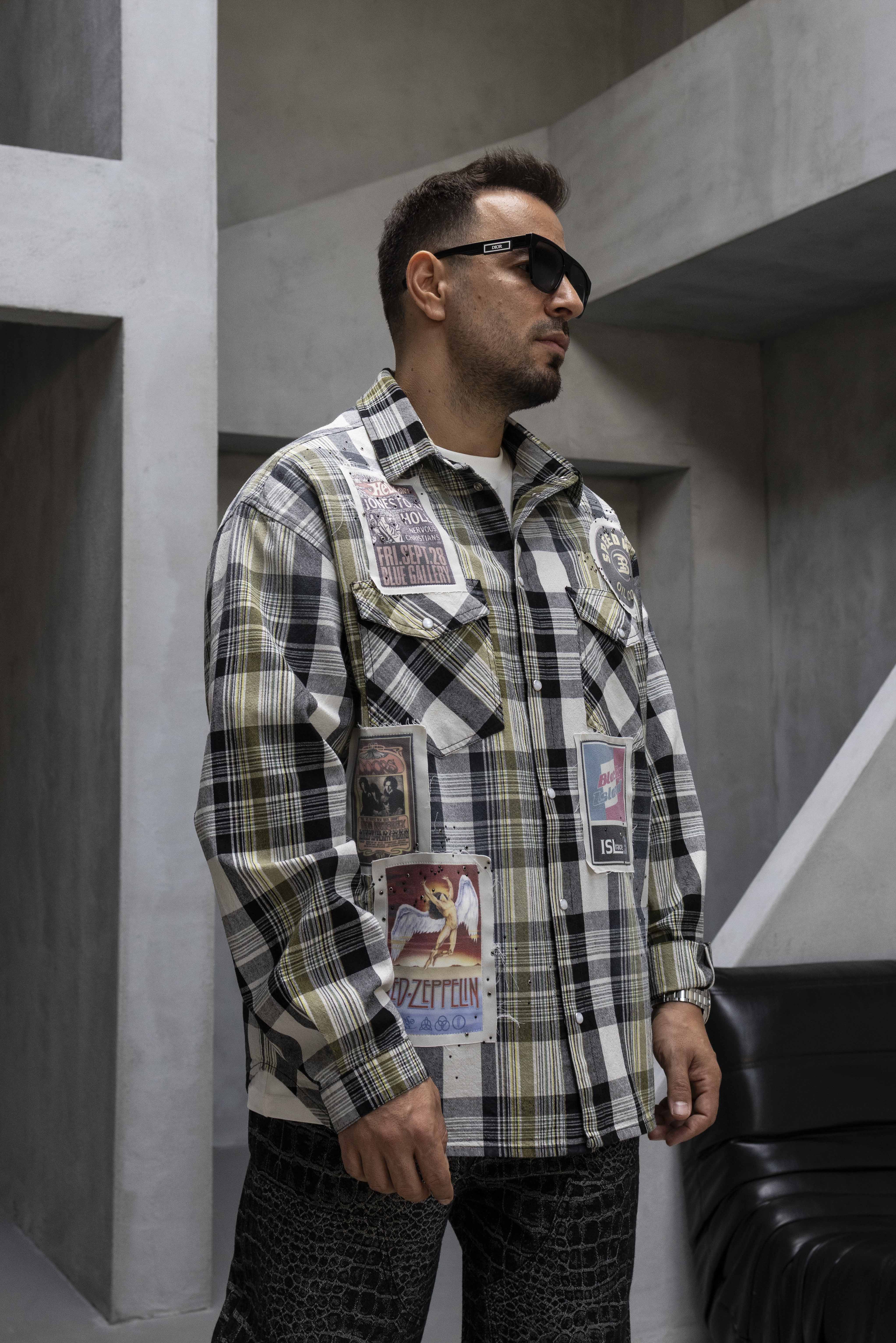 Multi-Patch Plaid Button-Up Shirt