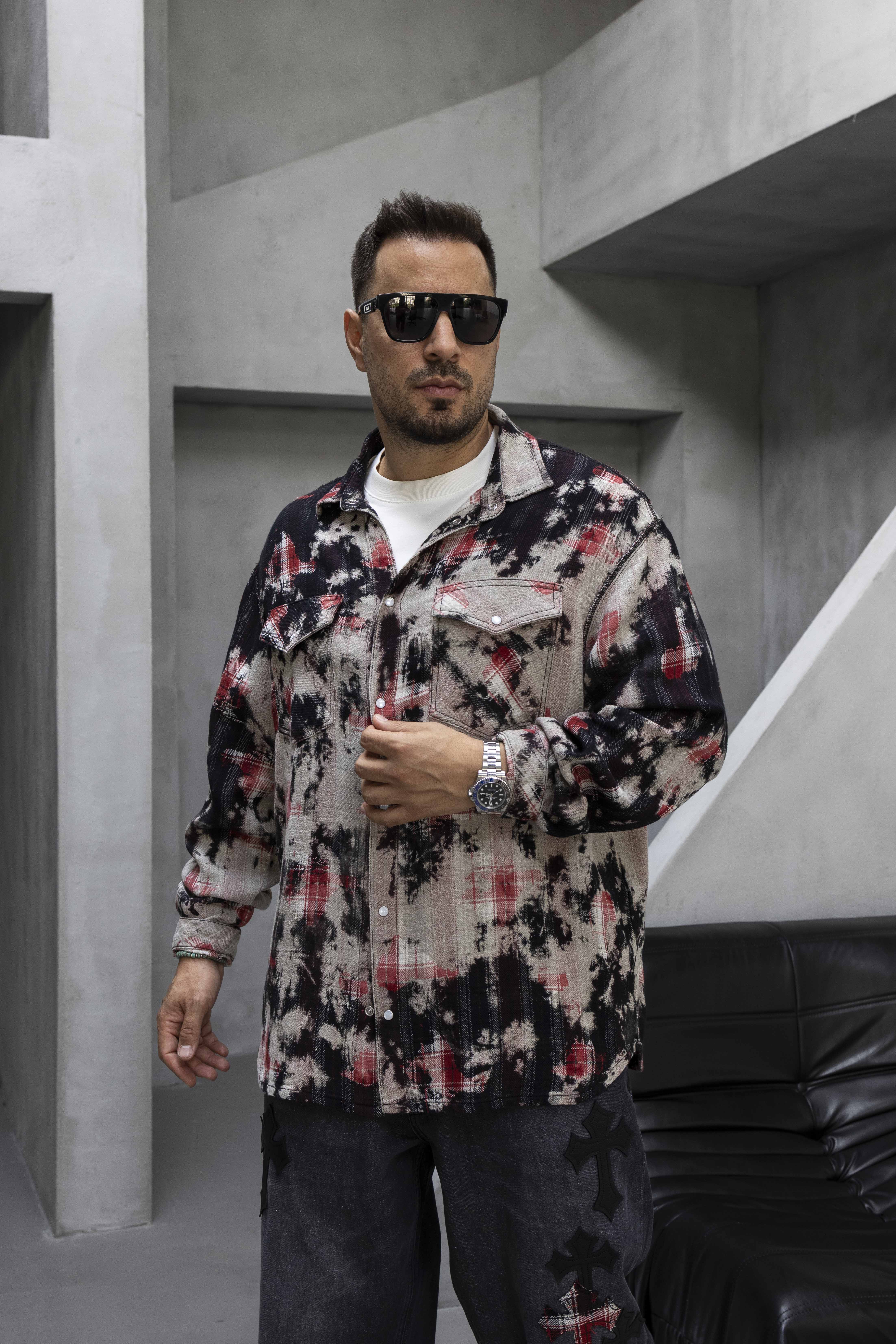 Red & Black Tie-Dye Plaid Button-Up Shirt