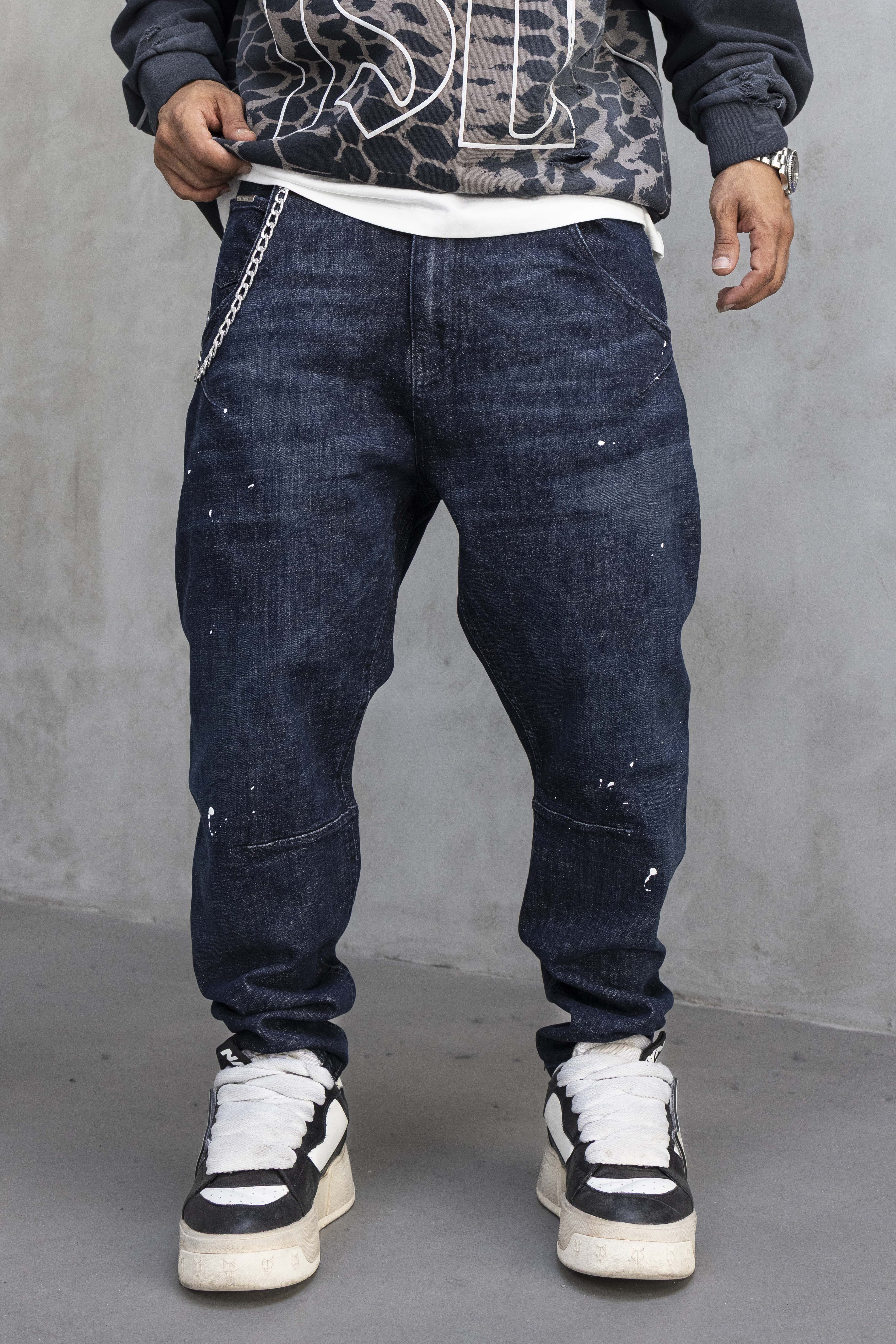 Relaxed Fit Paint Effect Denim Jeans – Dark Blue