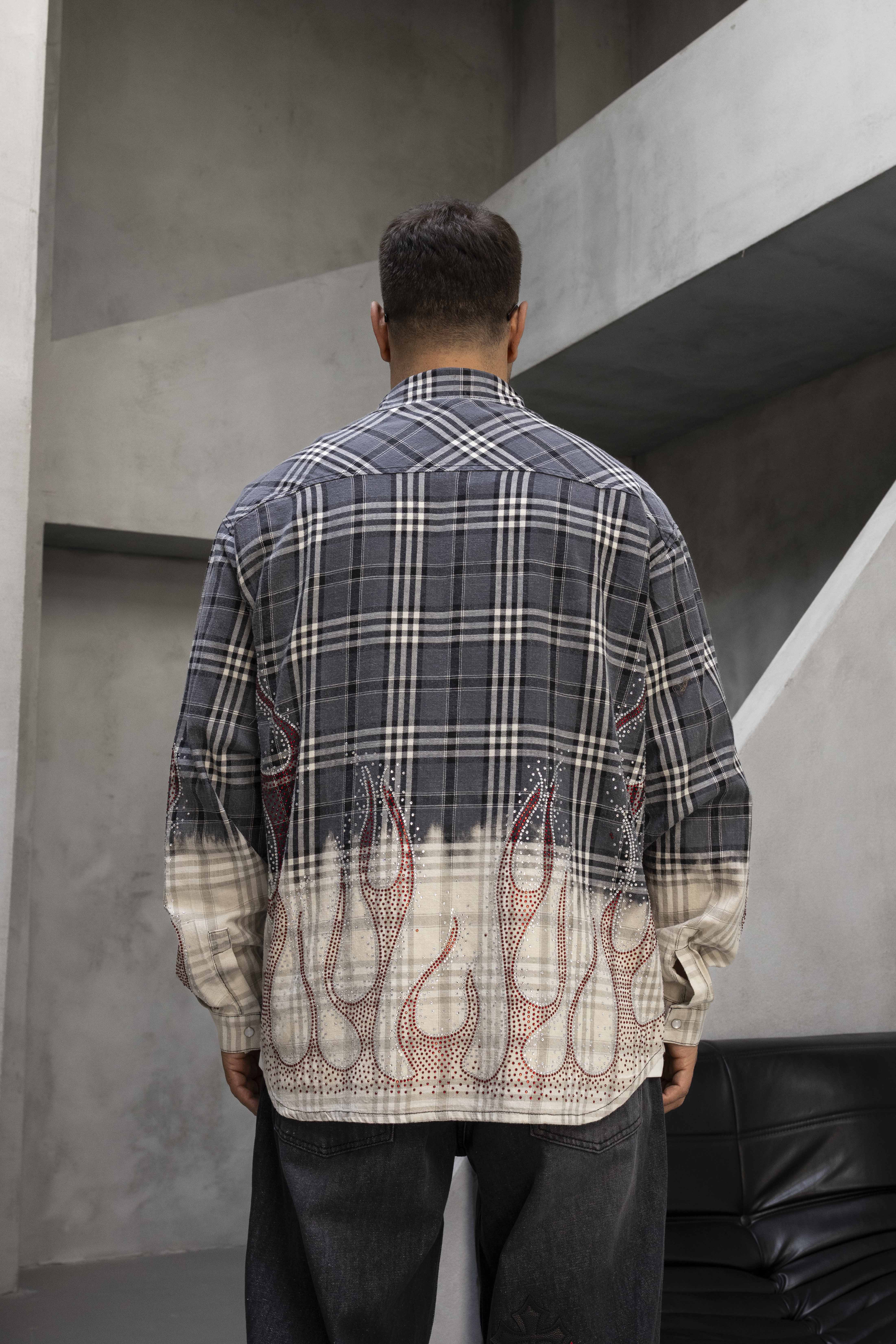 Grey & Beige Flame-Patterned Plaid Shirt