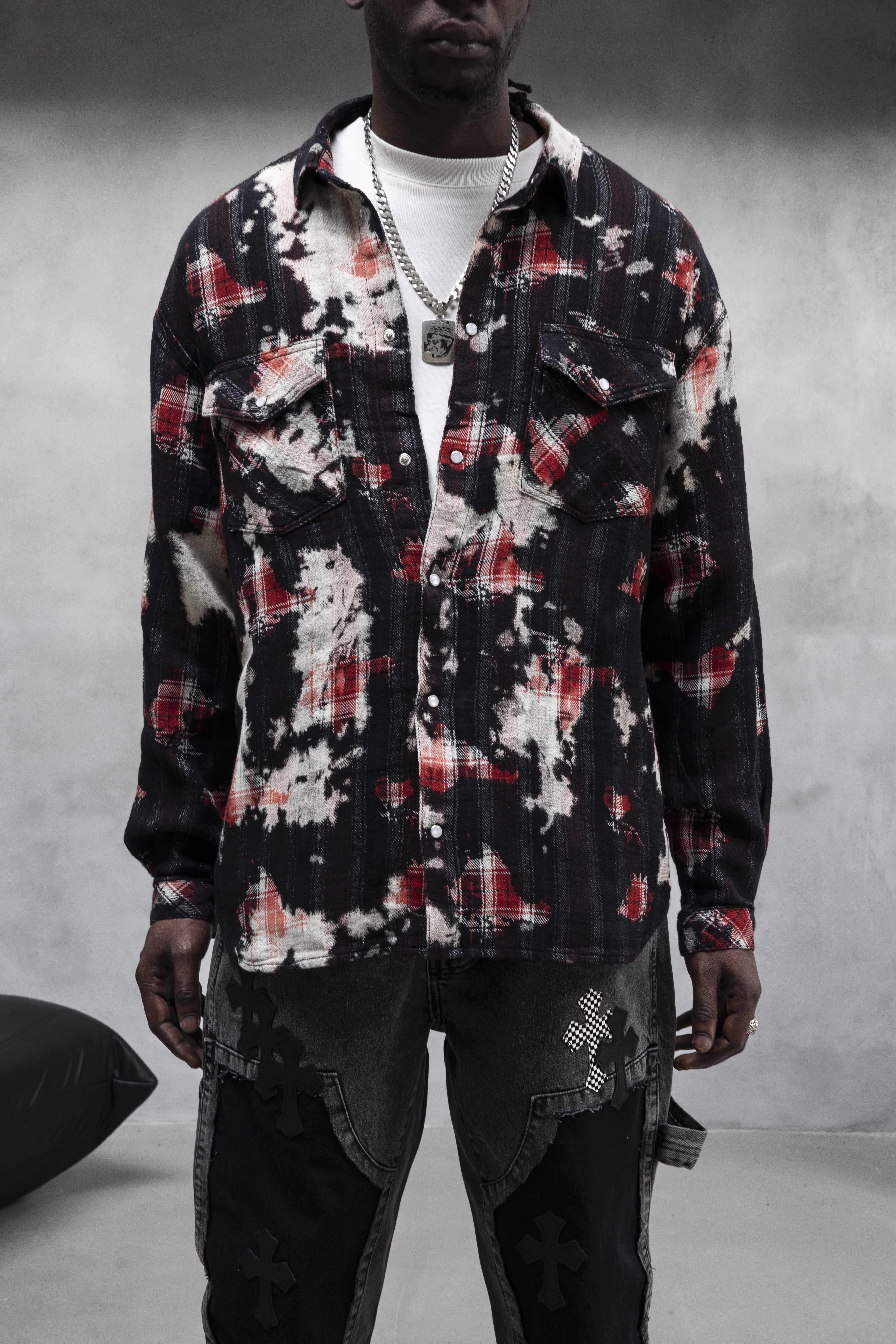 Red & Black Tie-Dye Plaid Button-Up Shirt