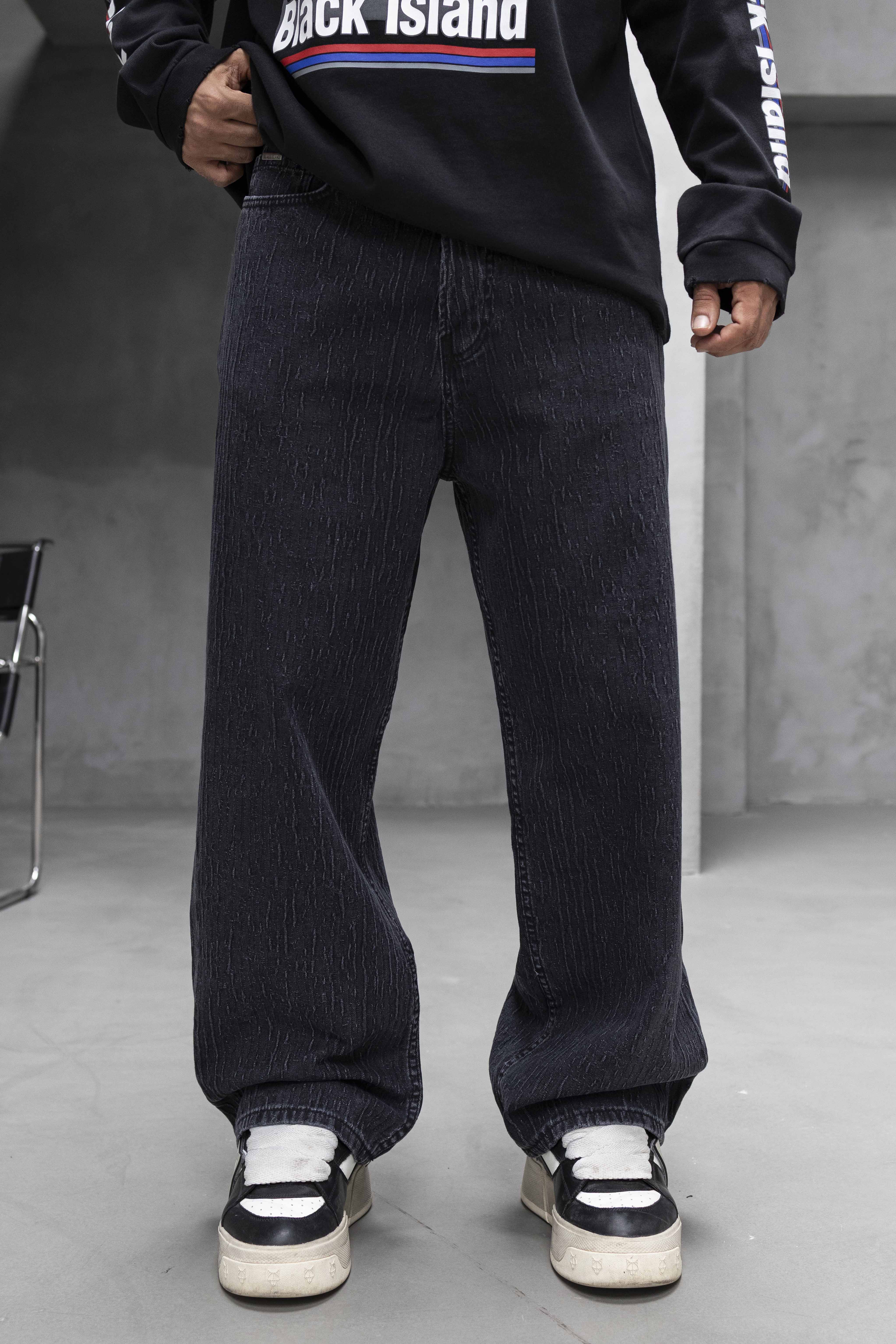 Textured Black Denim Pants