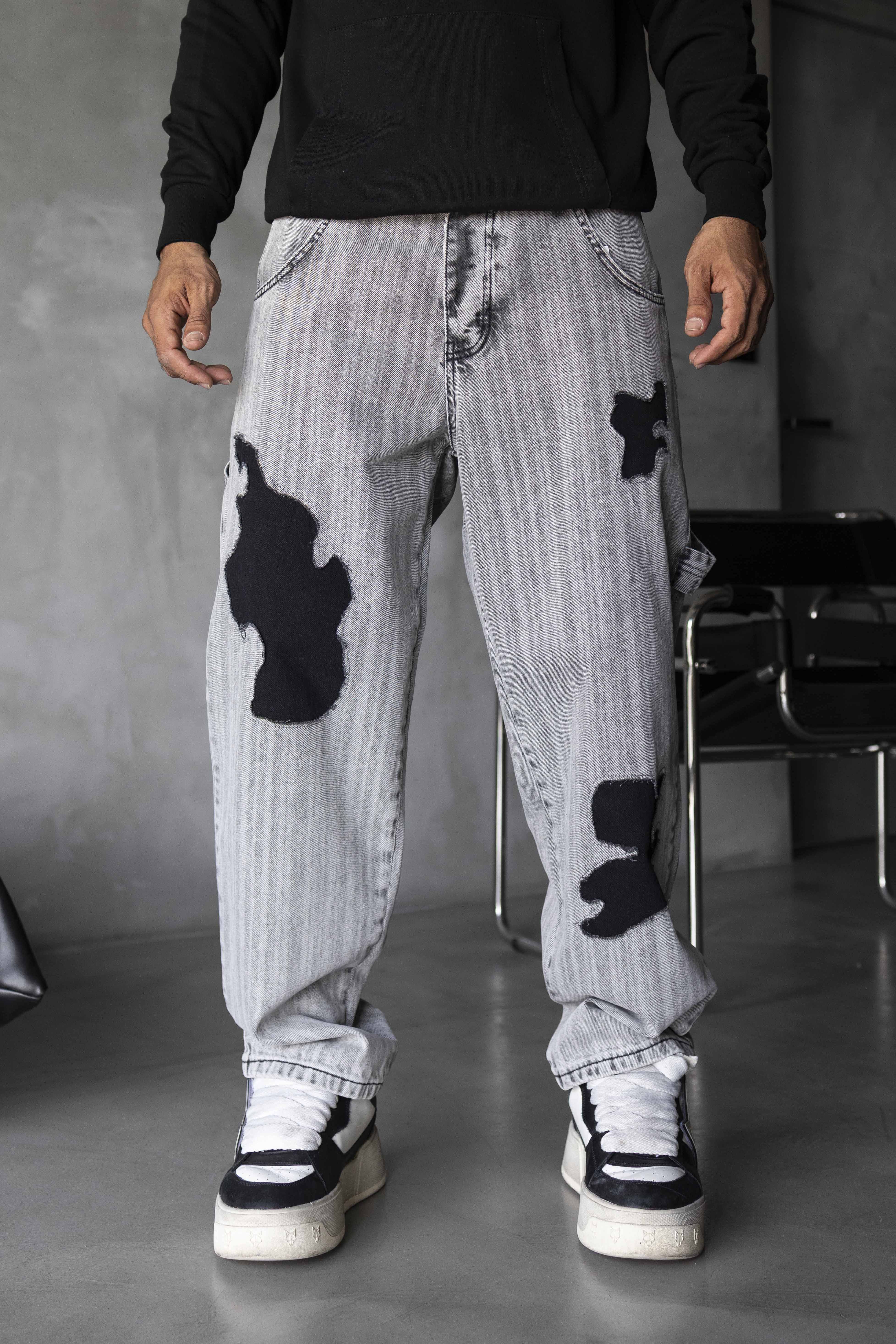Grey Washed Denim Pants with Black Patch Details
