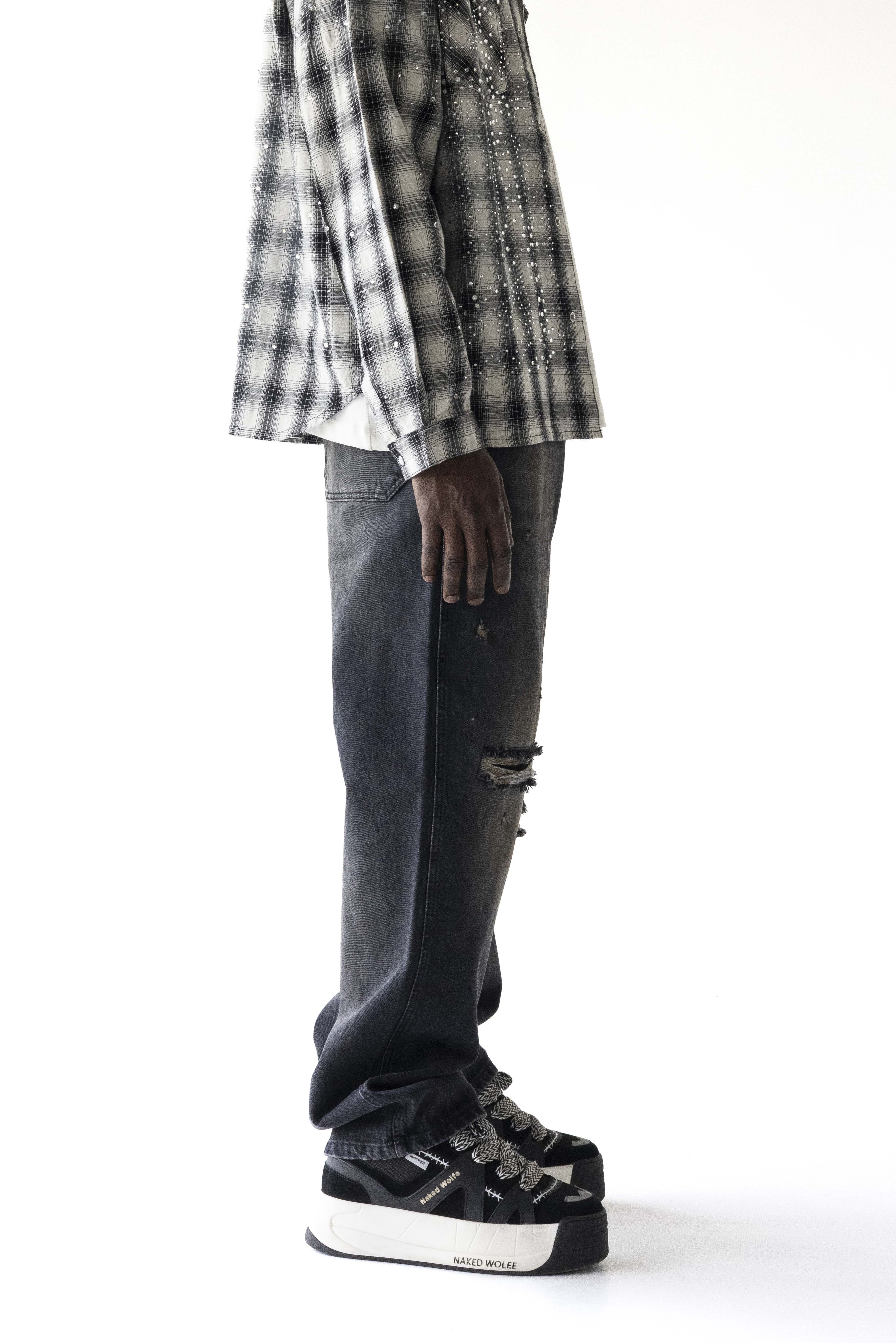 Distressed Black Washed Loose Fit Jeans