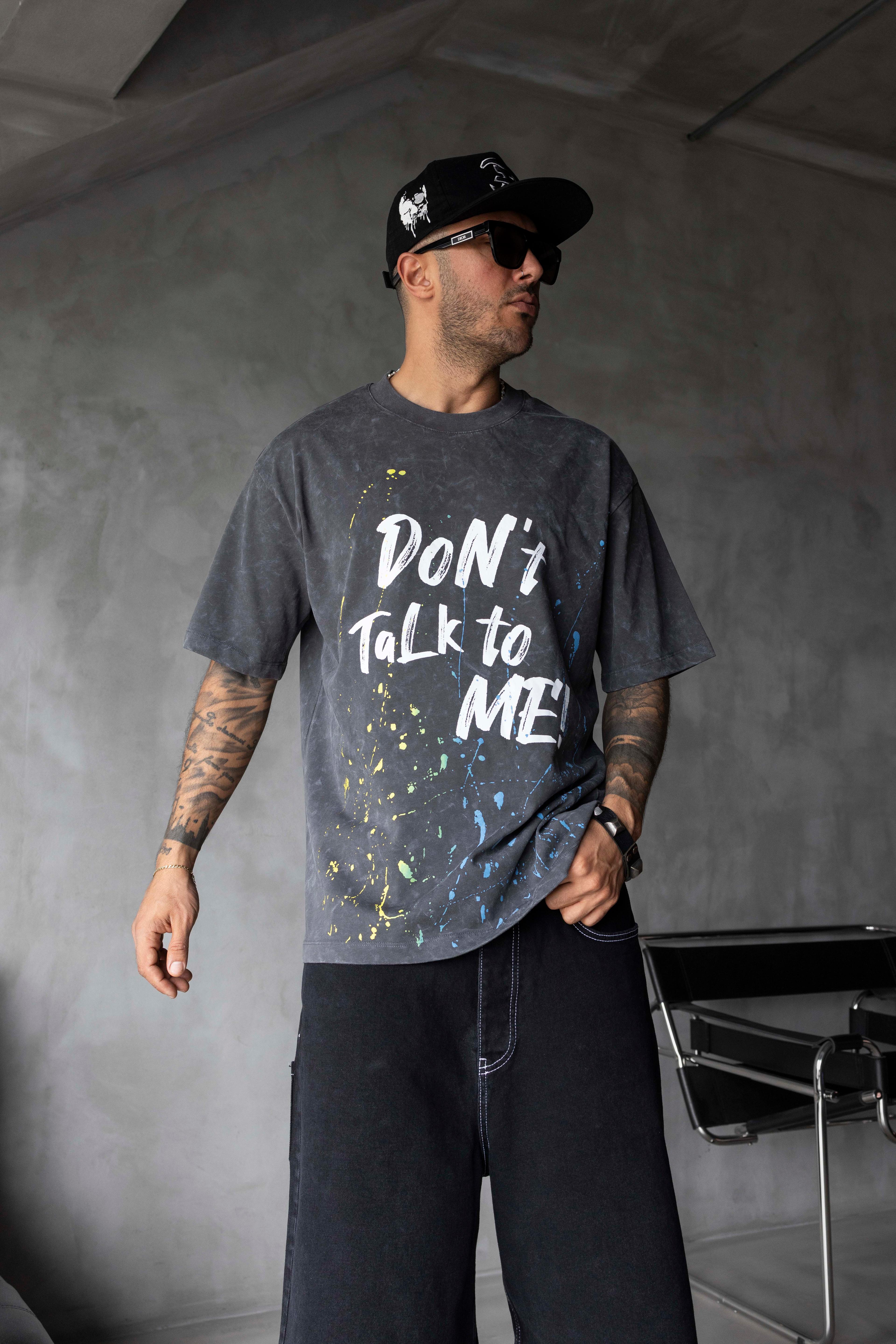 DON’T TALK TO ME Yazılı Yıkamalı Oversize Tişört