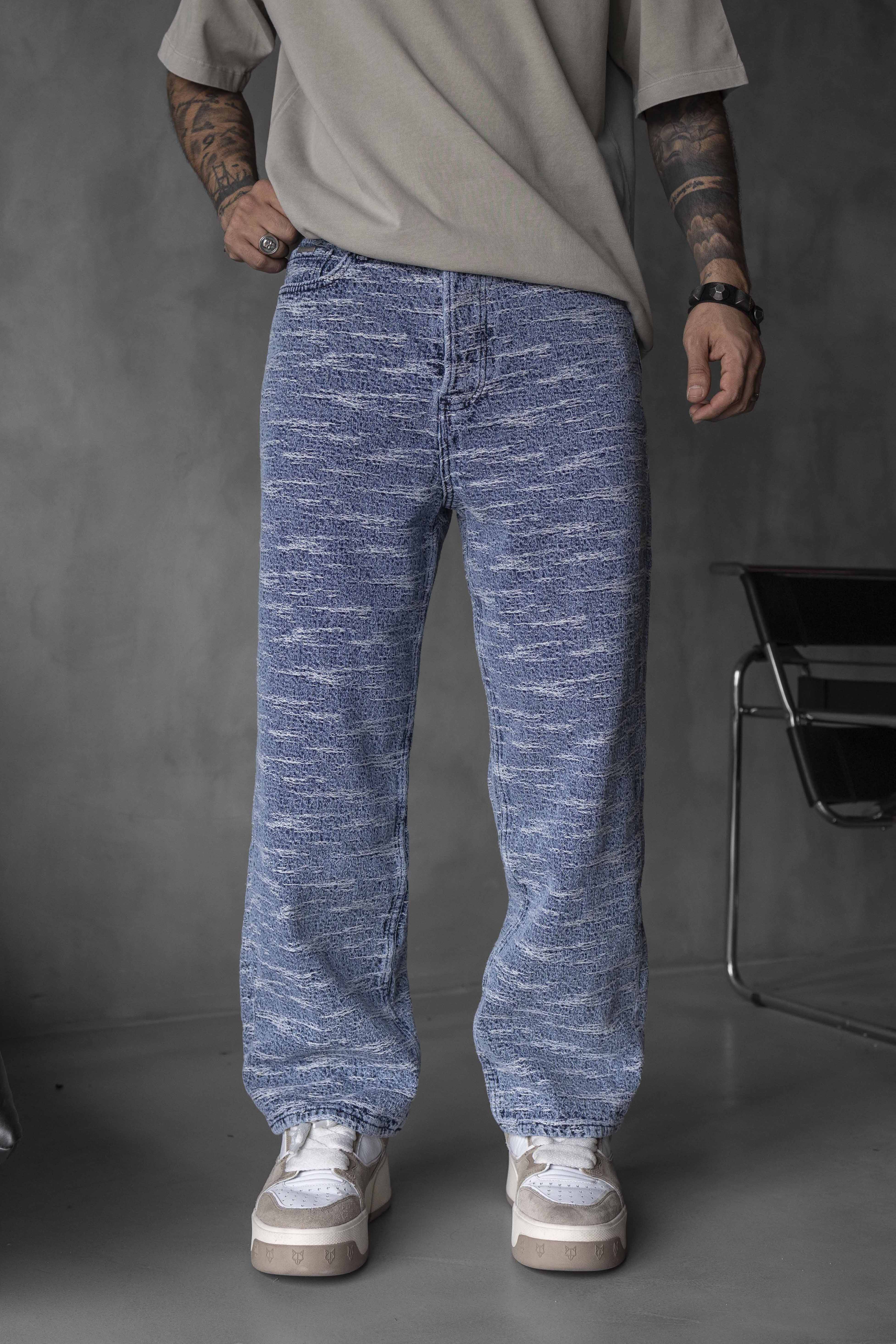 Blue Textured Pattern Denim Pants