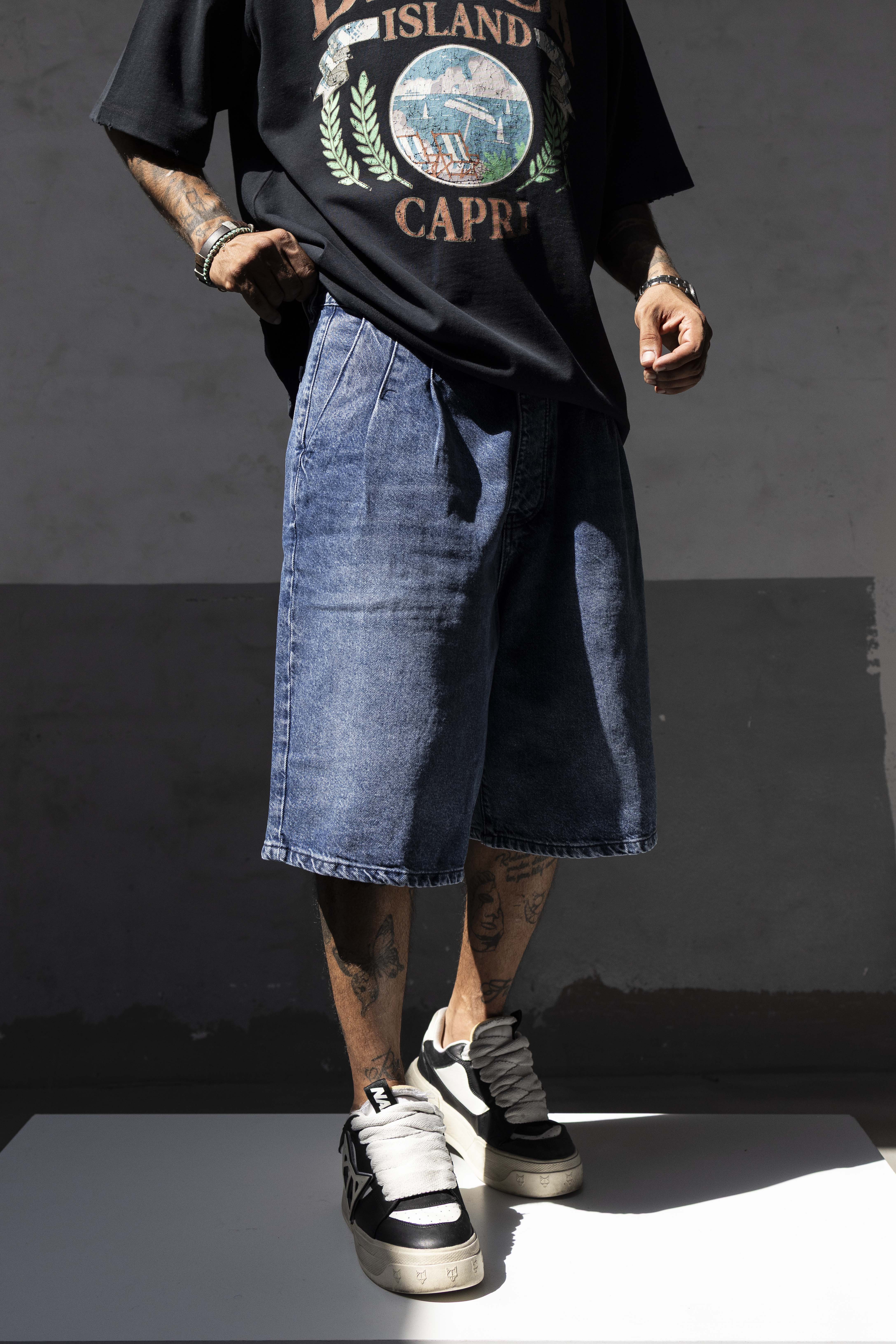 Deep Blue Wide-Leg Relaxed Fit Denim Shorts