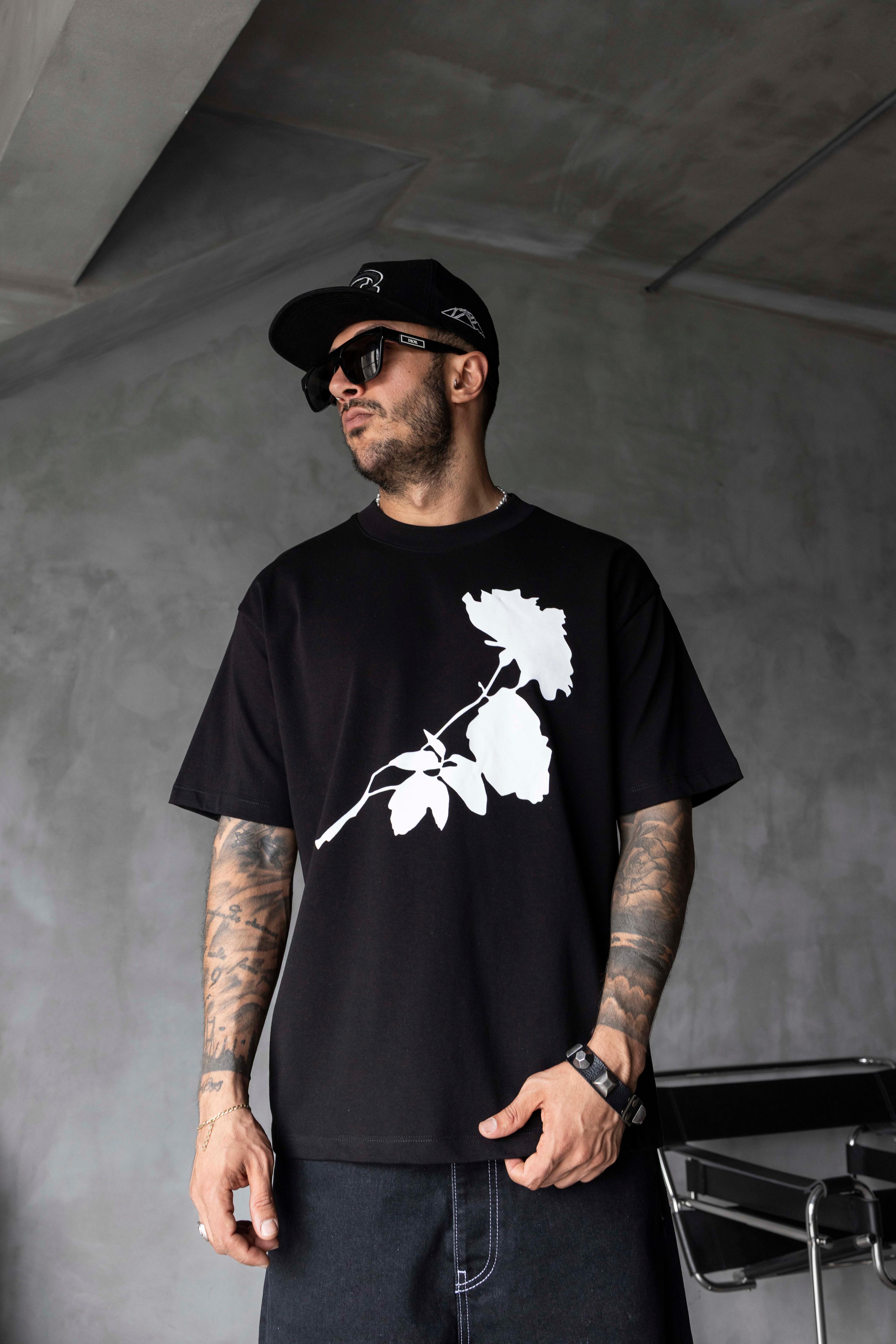 Çiçek Silüet Baskılı Oversize Tişört