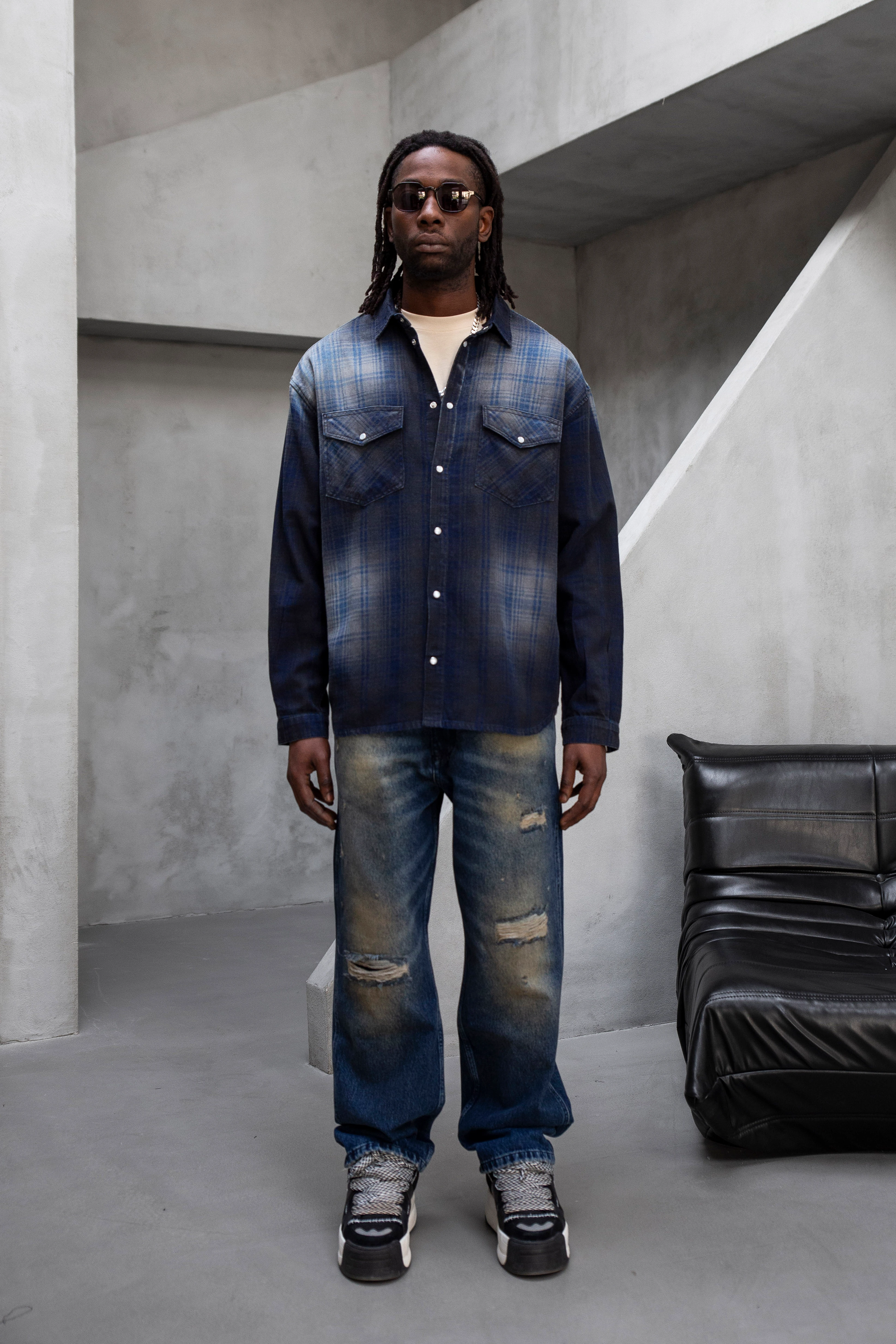 Navy Faded Plaid Button-Up Shirt