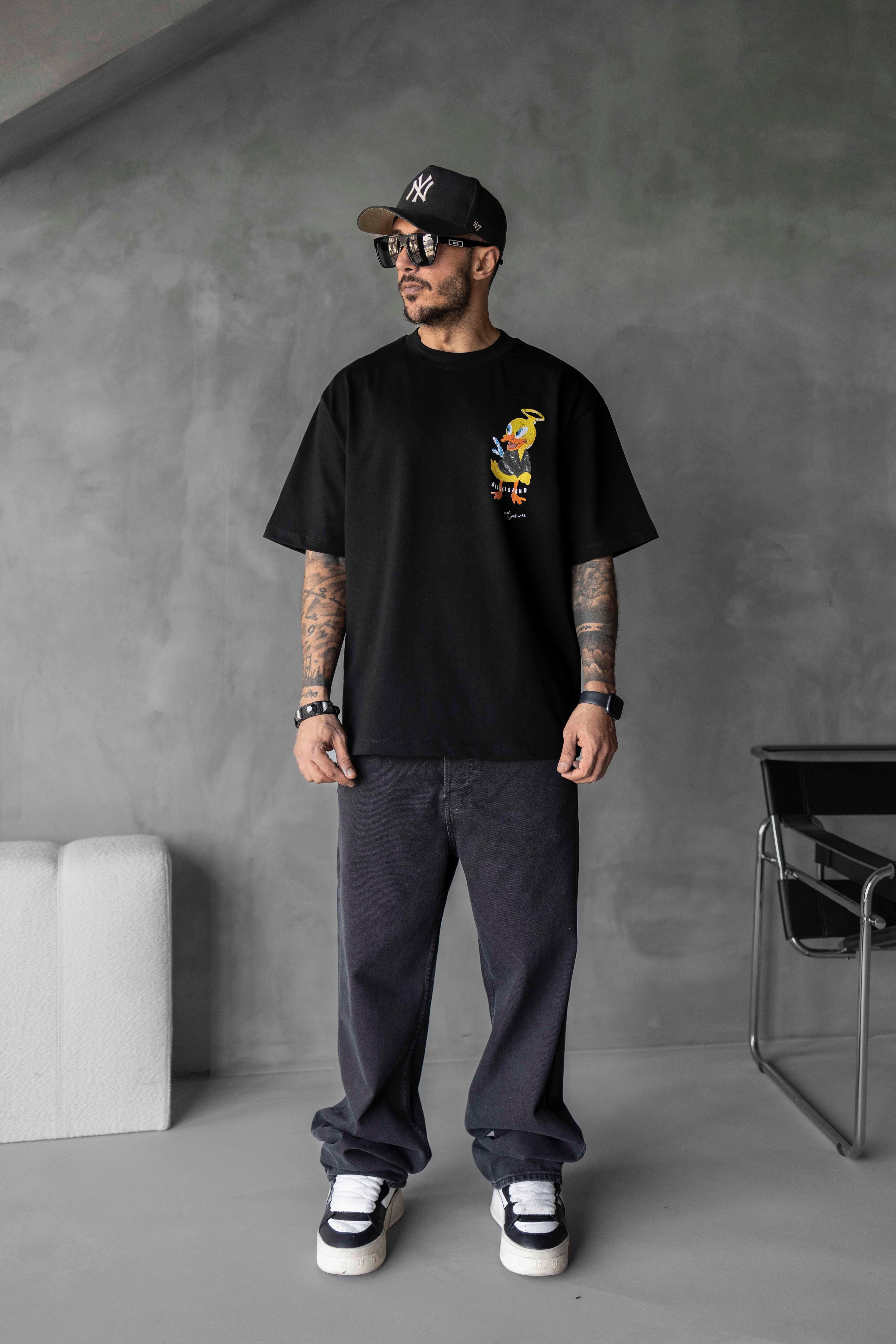 Angel Duck Baskılı Oversize Tişört - SİYAH