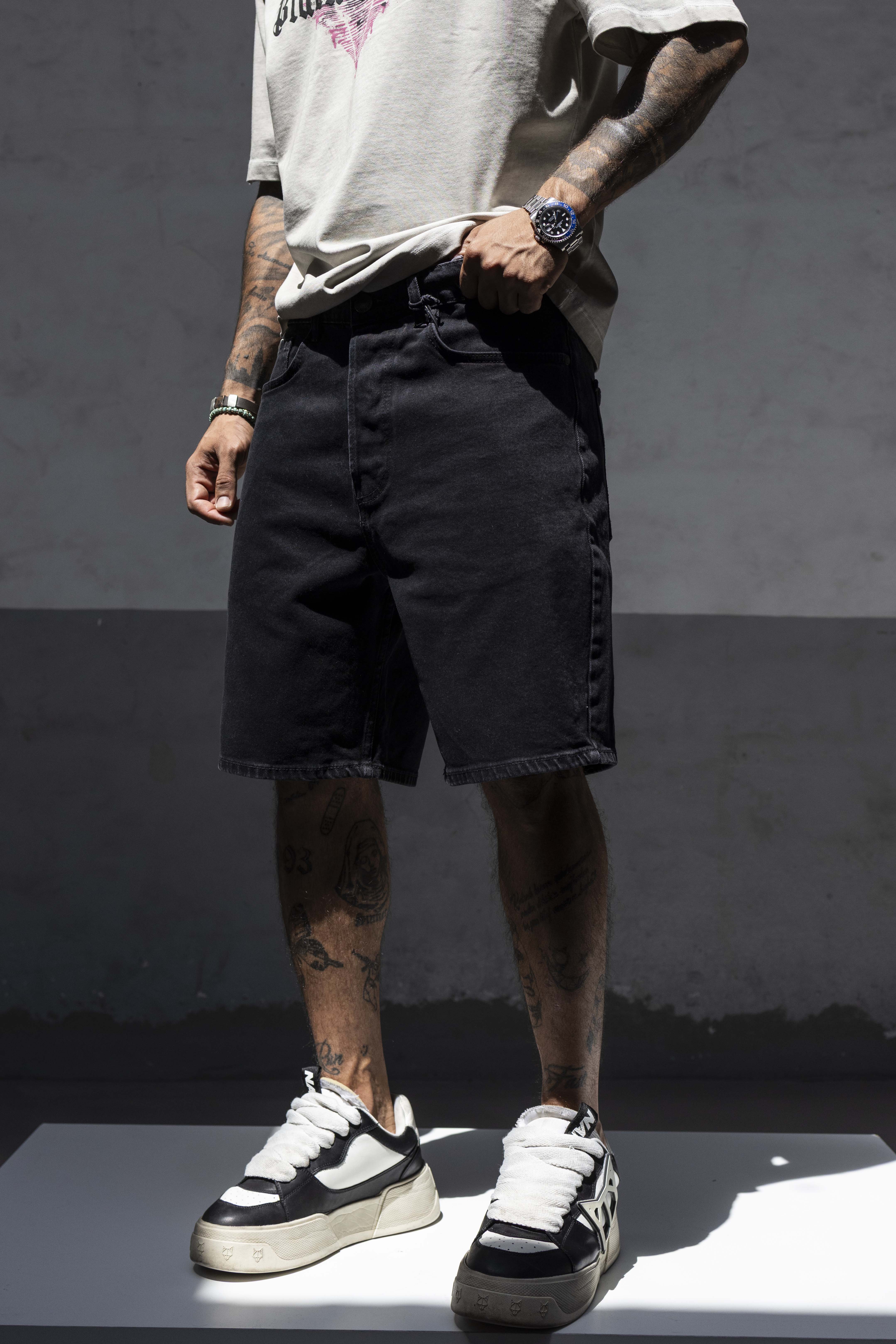 Solid Black Washed Denim Shorts