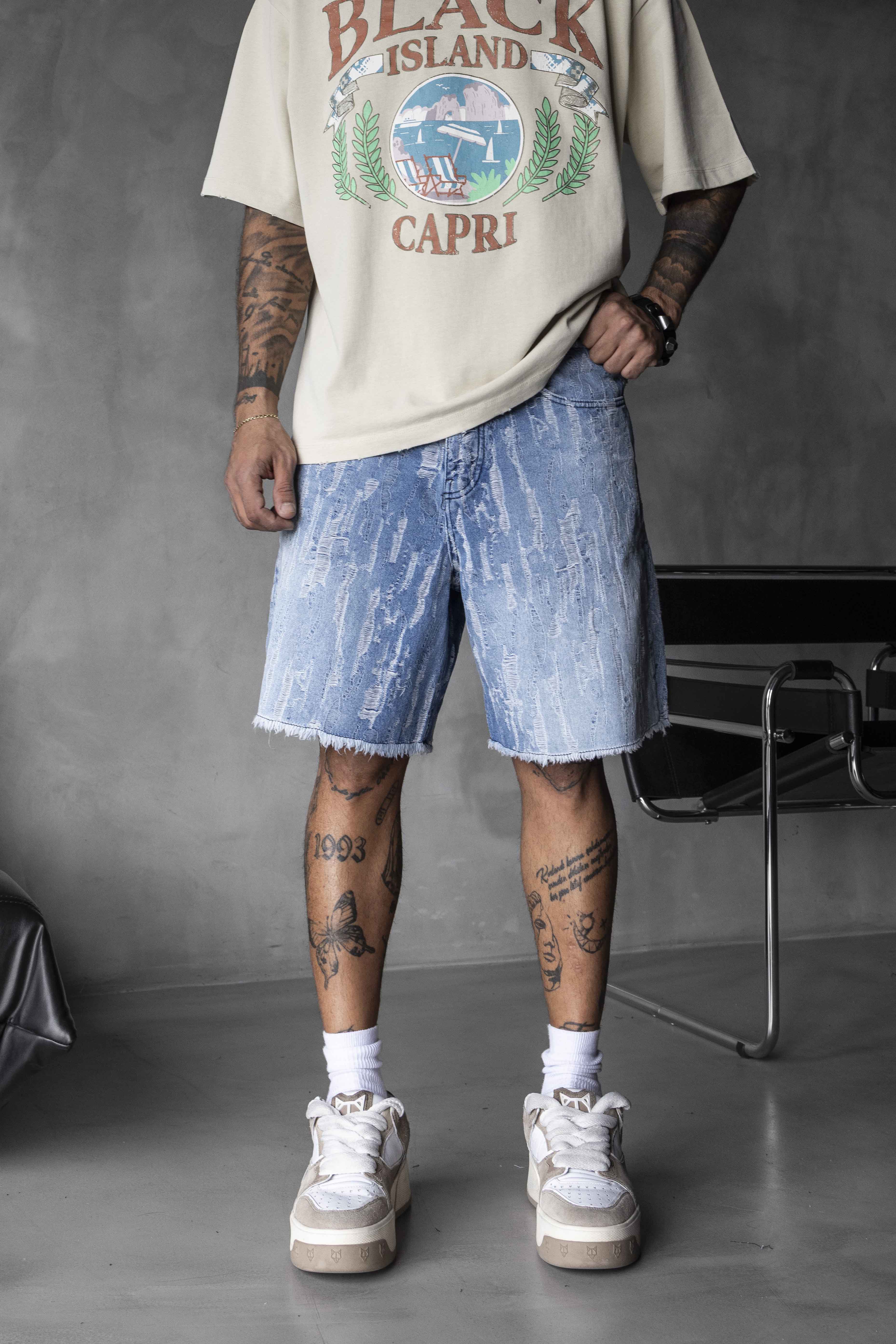 Light Blue Distressed Denim Shorts