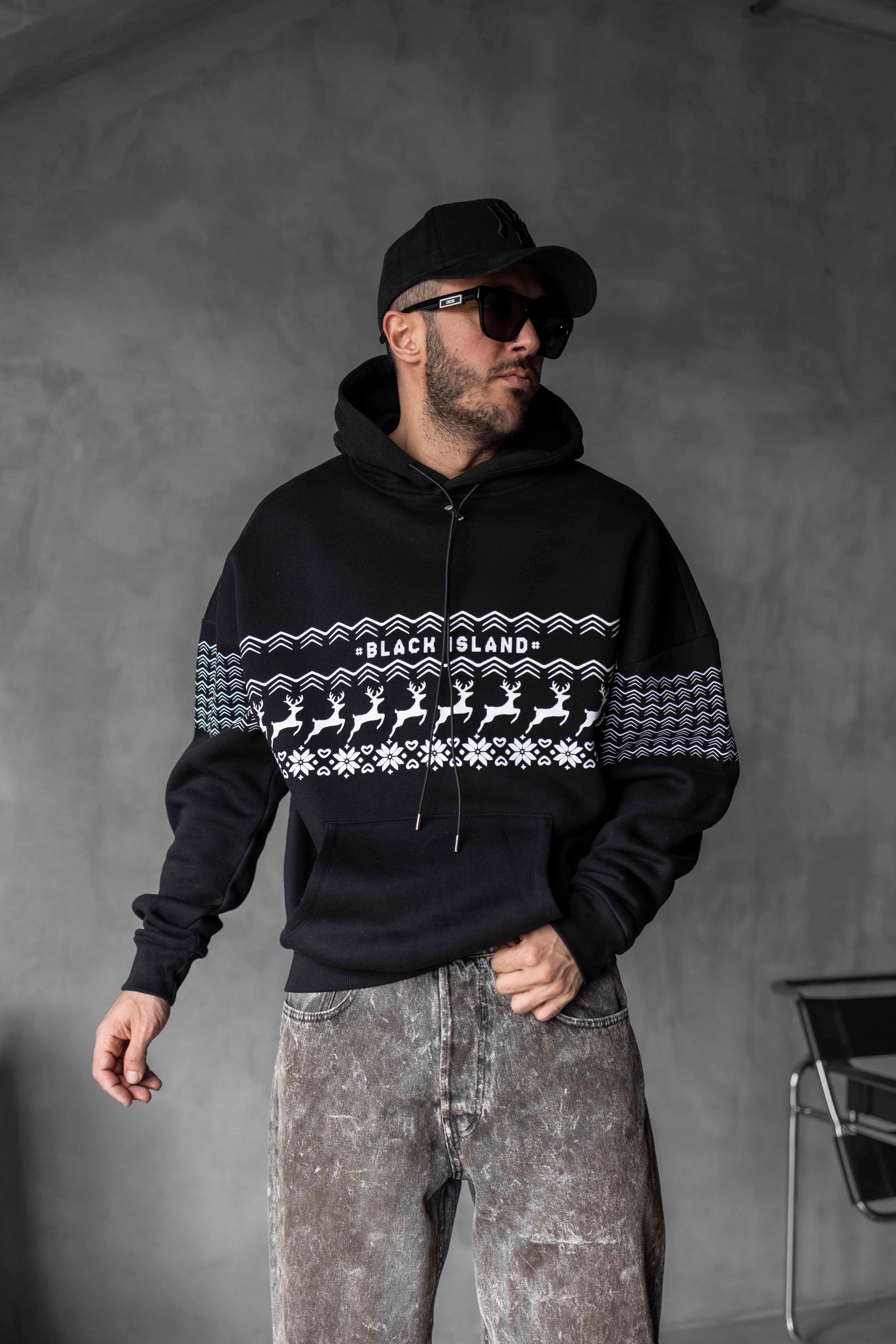 Black Island Geyik Desenli Kapüşonlu Yılbaşı Sweatshirt