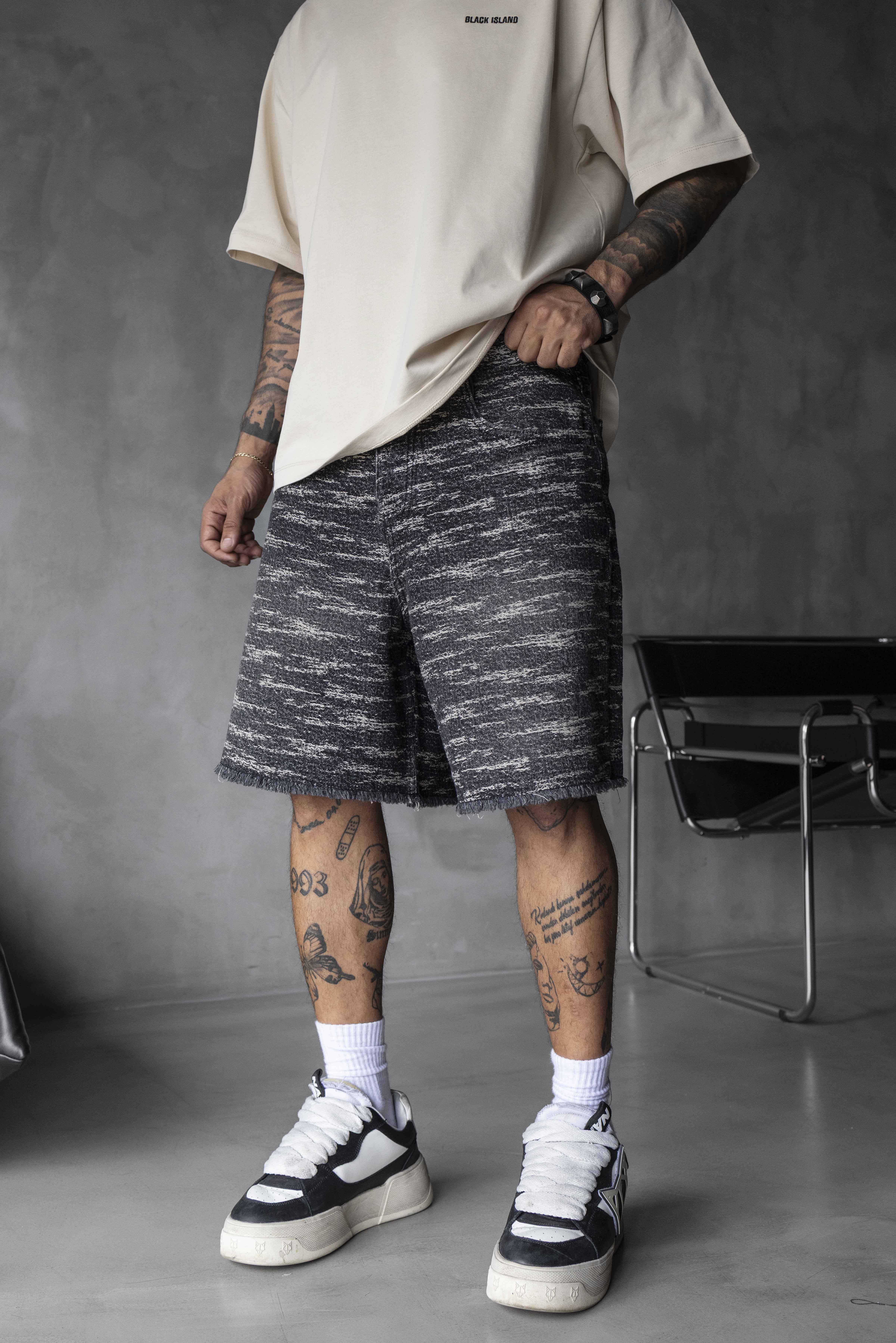 Oversized Black-Grey Textured Denim Shorts