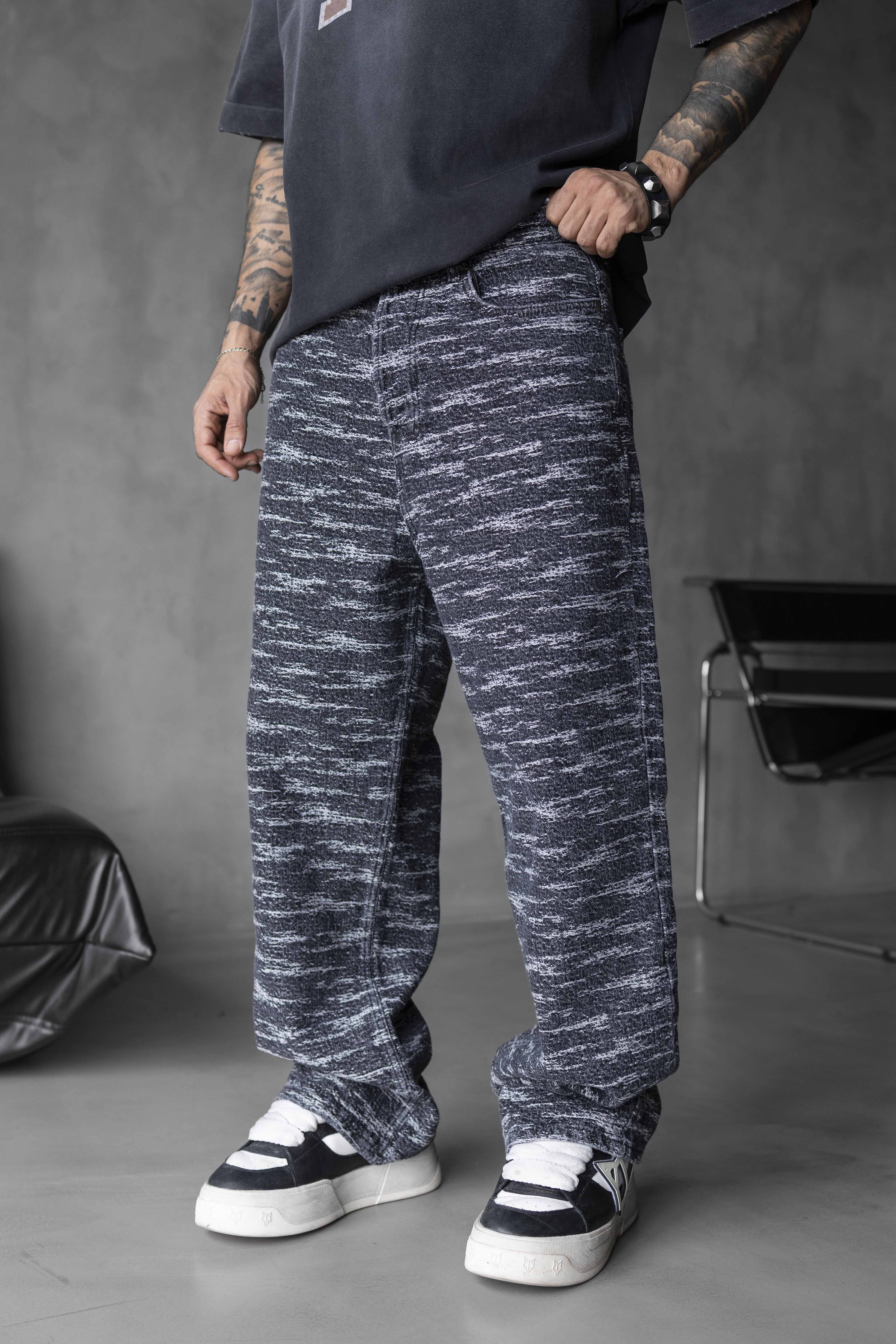 Wave Pattern Textured Denim Pants