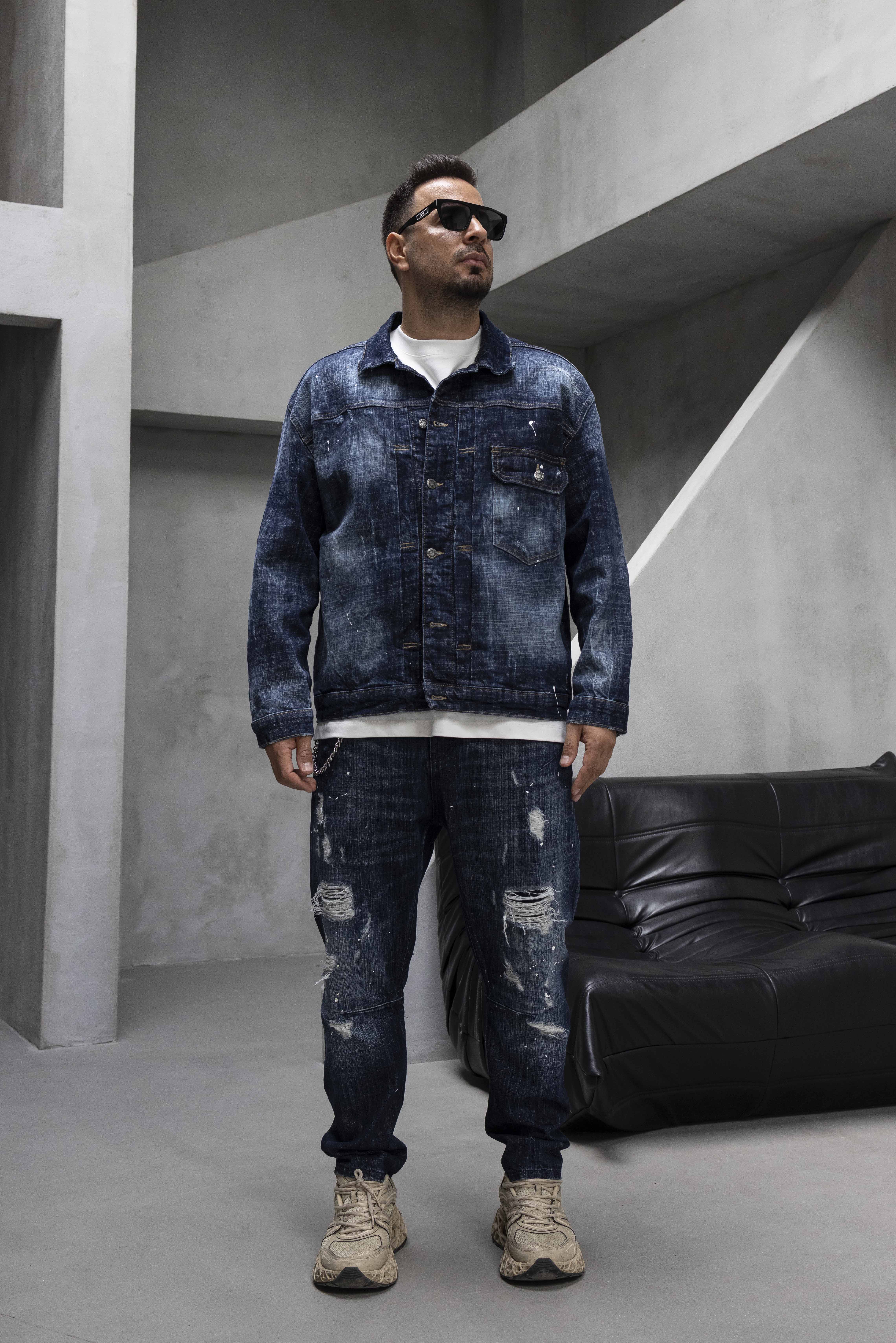 Vintage Dark Blue Distressed Denim Jacket