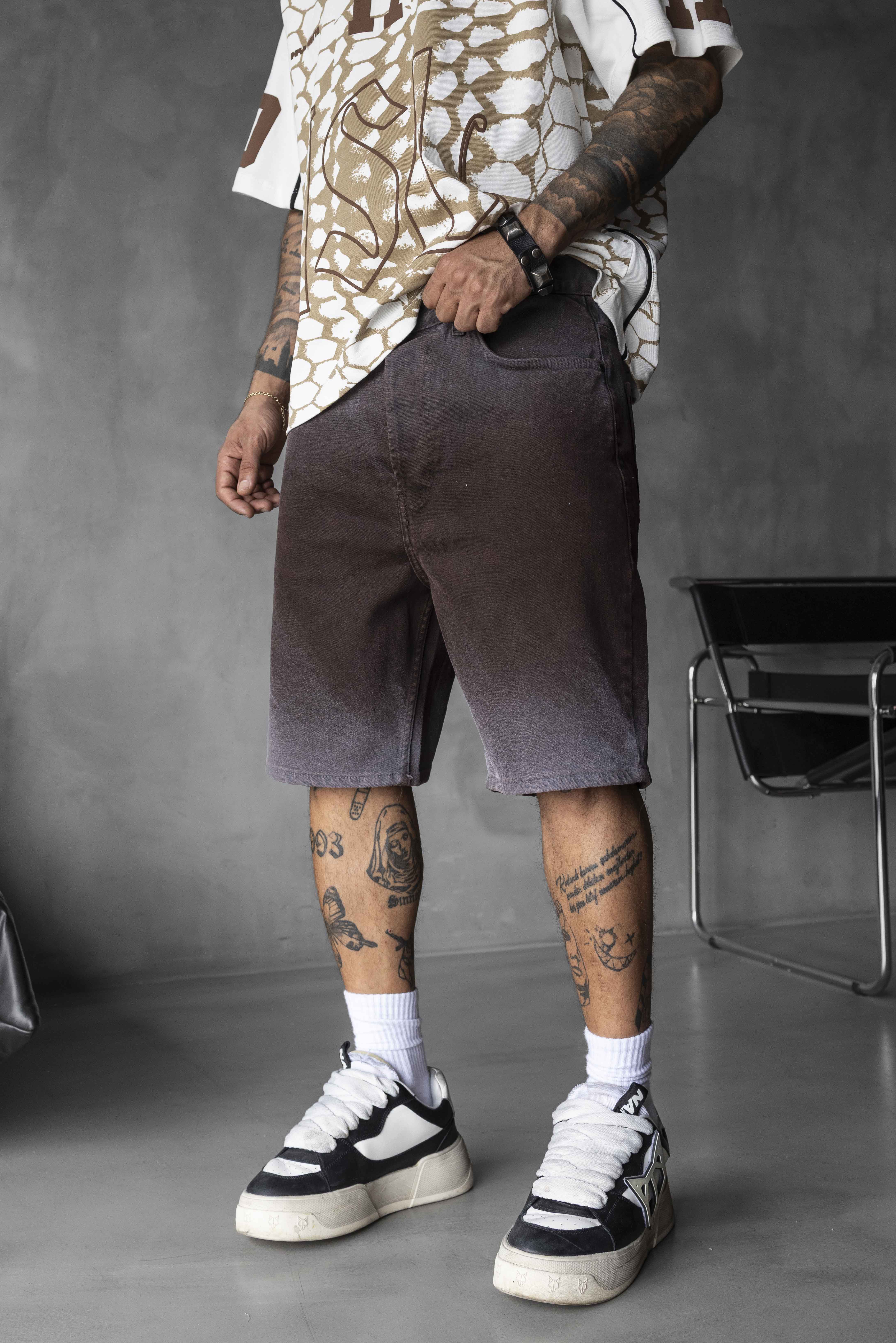 Brown Gradient Washed Denim Shorts