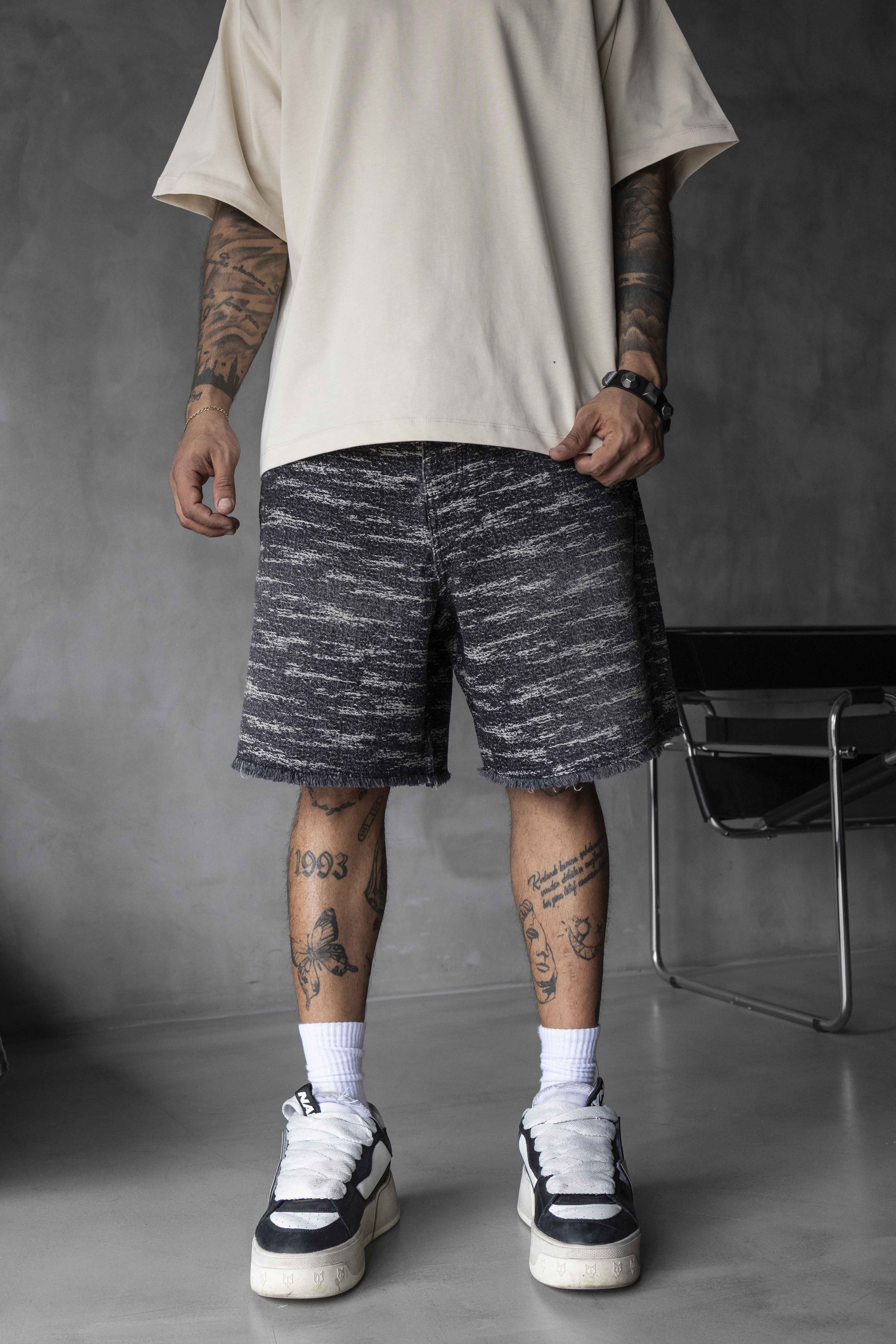 Oversized Black-Grey Textured Denim Shorts