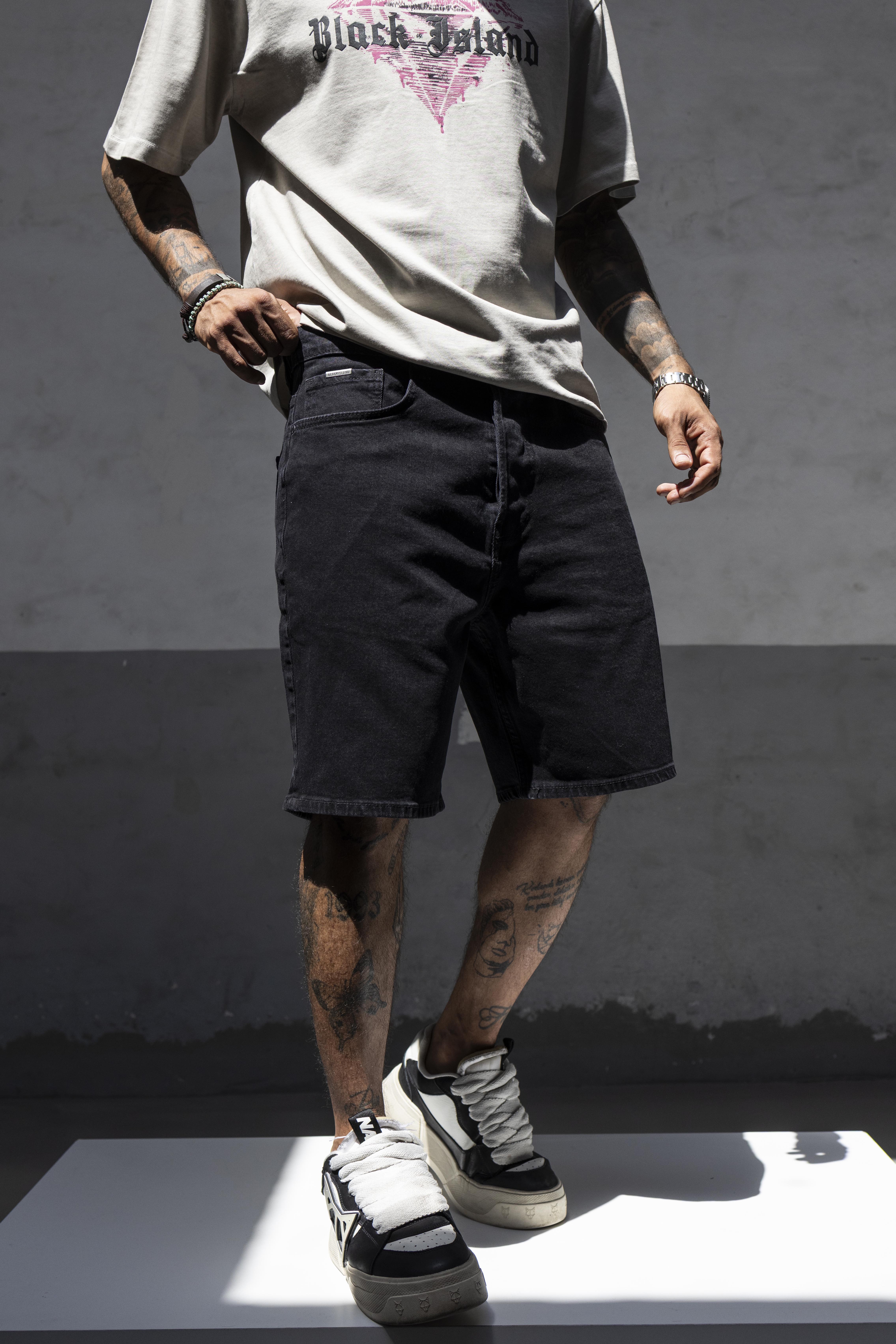 Solid Black Washed Denim Shorts